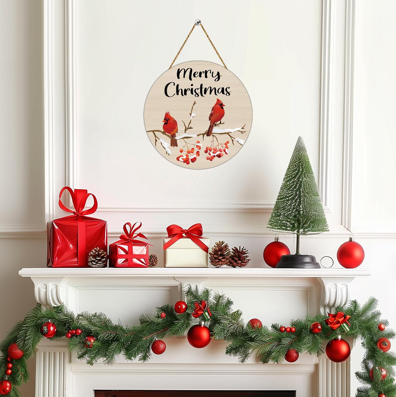 Christmas Door Decorations Merry Christmas Sign Cardinal Wall Decor Cardinal Hanging Sign Red Birds Winter Wreath Wooden Front Door Hanger for Wall Indoor Home Decorations