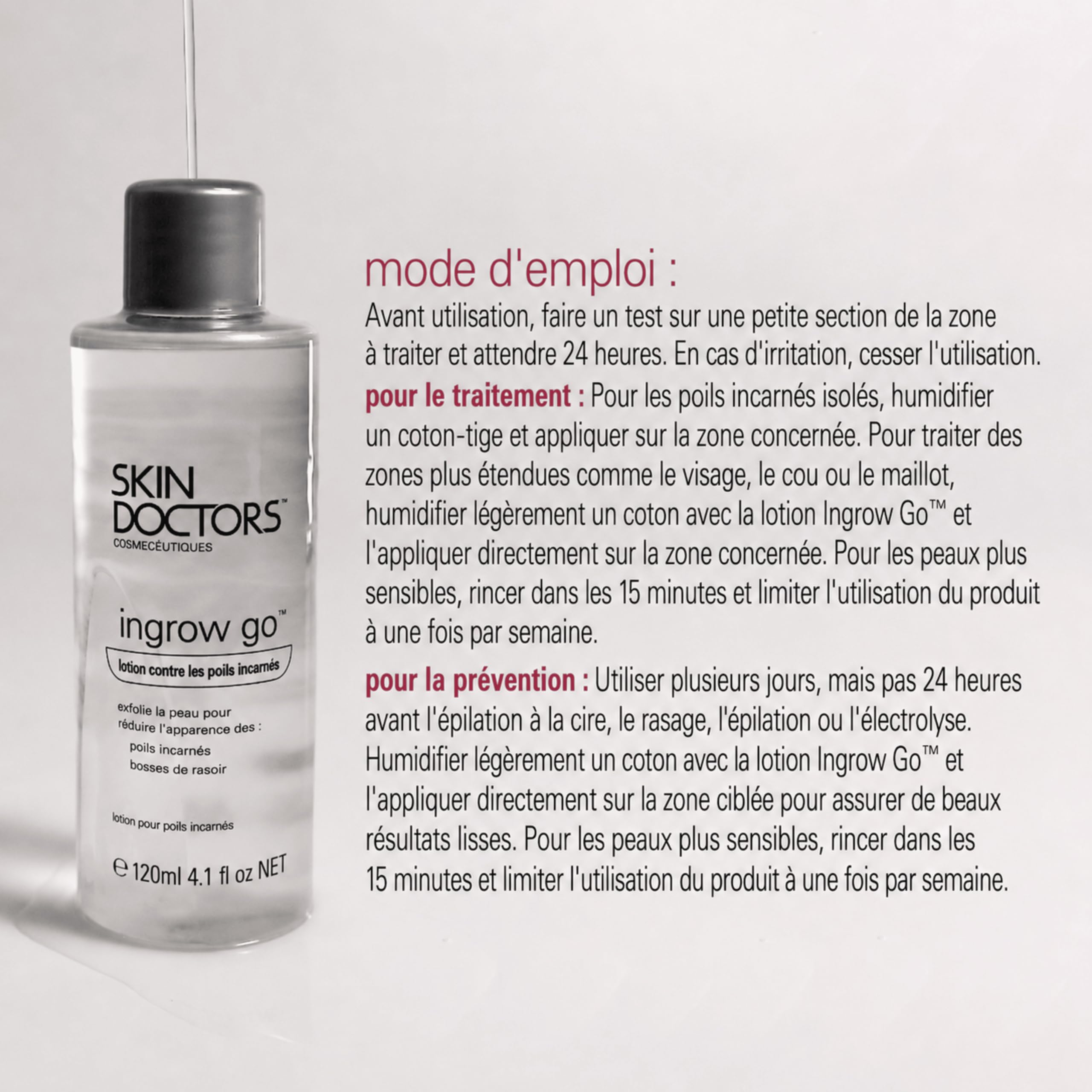 Skin Doctors Ingrow Go Lotion, Soin Anti-Poils Incarnés, Prévient et Réduit les Poils Incarnés après Rasage ou Épilation, Jambes, Zone du Maillot, Aisselles, Visage, 120 ml