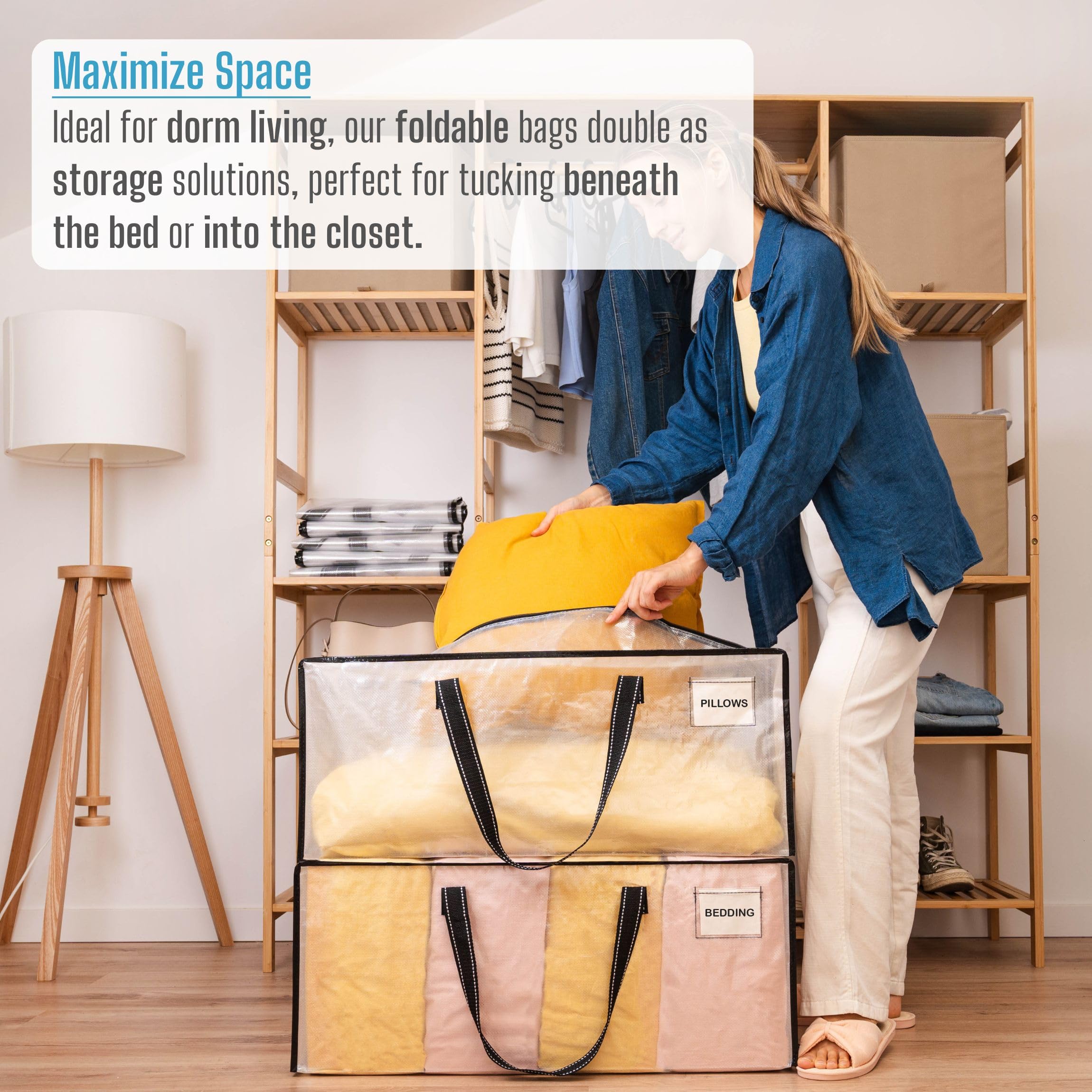 VENO 4 pezzi 87L Borse da trasloco grandi con manici e cerniere resistenti, Scatoloni per trasloco, borsa di stoccaggio dei vestiti Sacchi da biancheria per traslochi, viaggi (Trasparente, Set da 4)