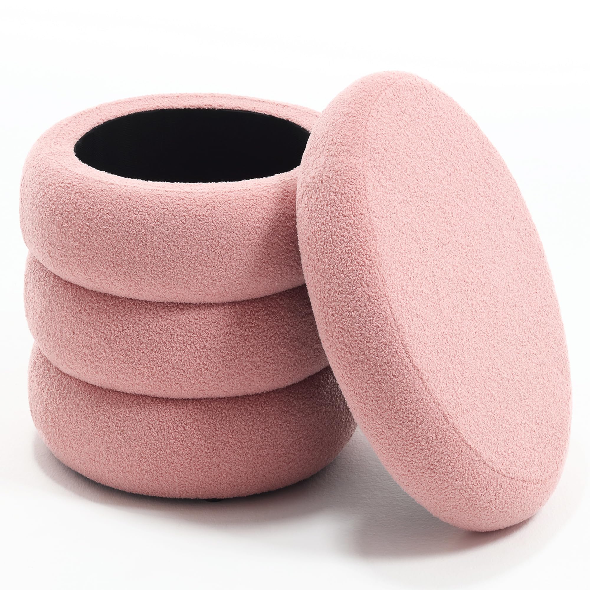 Zibeths Boucle Ottoman with Storage Pink, Small Round Footrest Stool with Removable Lid, Upholstered Sherpa Vanity Chair for Bedroom Entryway