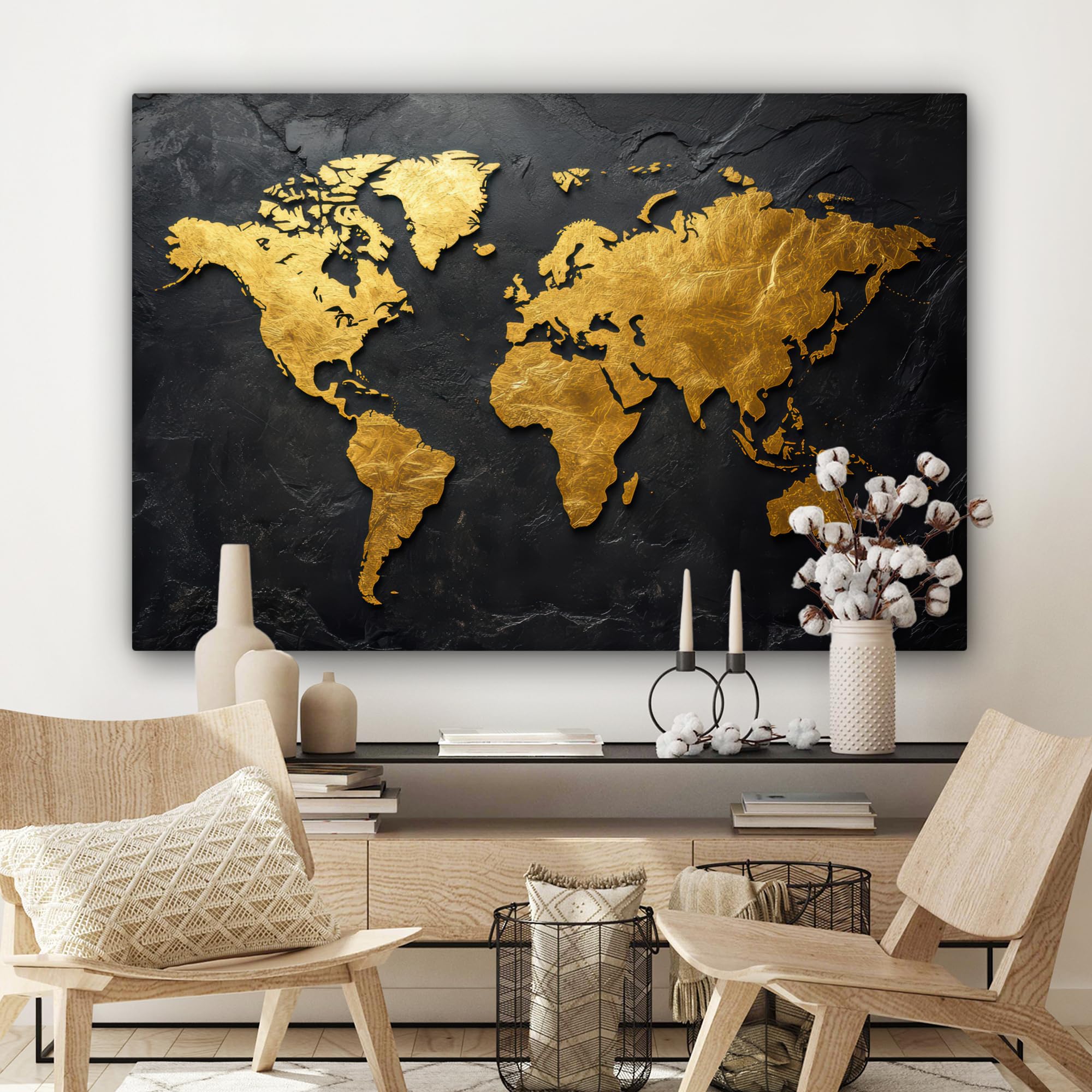 MuchoWow© Impression sur Toile Decoration Murale Peinture 120x80 cm Tableaux Decoratifs Muraux Déco Chambre Tableau Salon Carte du Monde - Or - Pierre