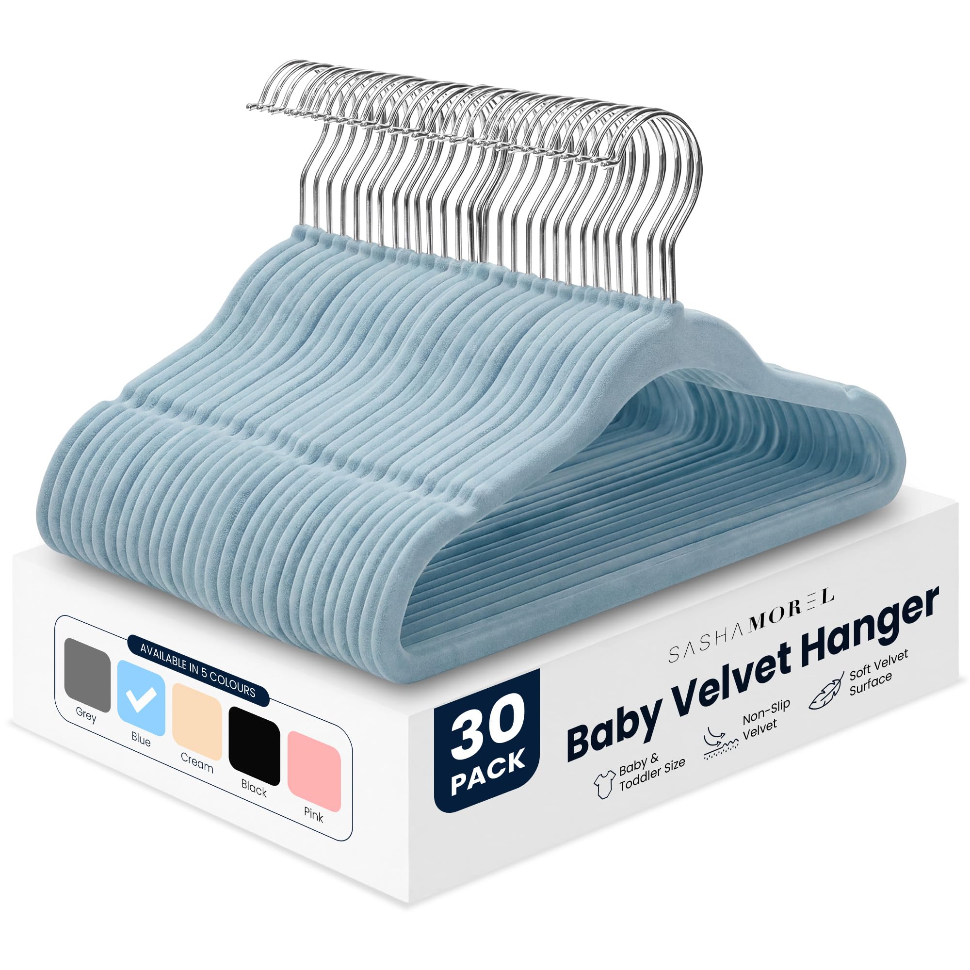 Sasha Morel Baby Velvet Hangers for Clothes 30 Pack - Non-Slip, Blue