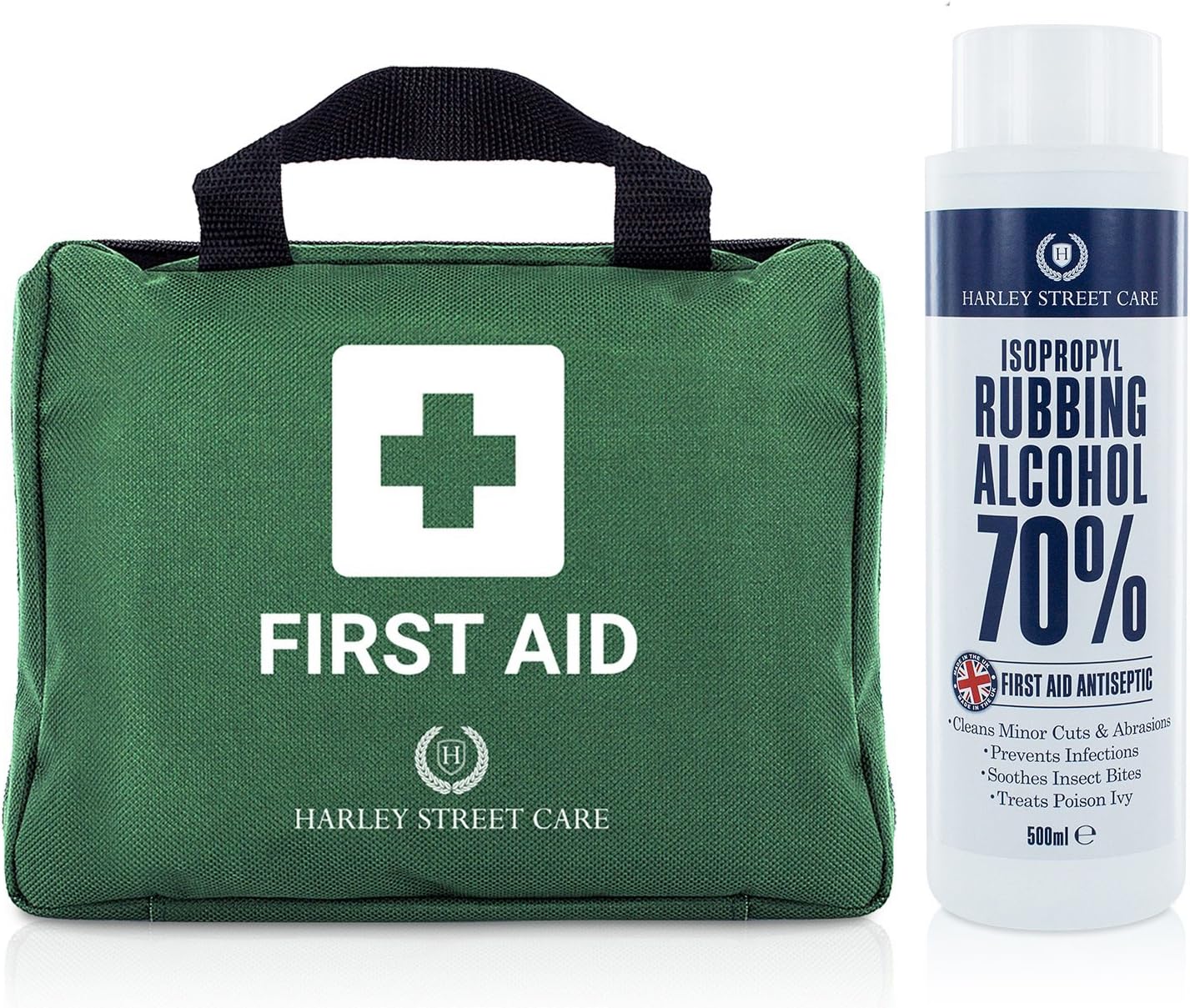 103 Pieces Harley Street Care Professional First Aid Kit & Isopropyl Rubbing Alcohol 70% 500ml, Premium, Compact Emergency Kit For Health & Safety - Includes Eye Wash, 2 Cold Packs, Emergency Blanket
