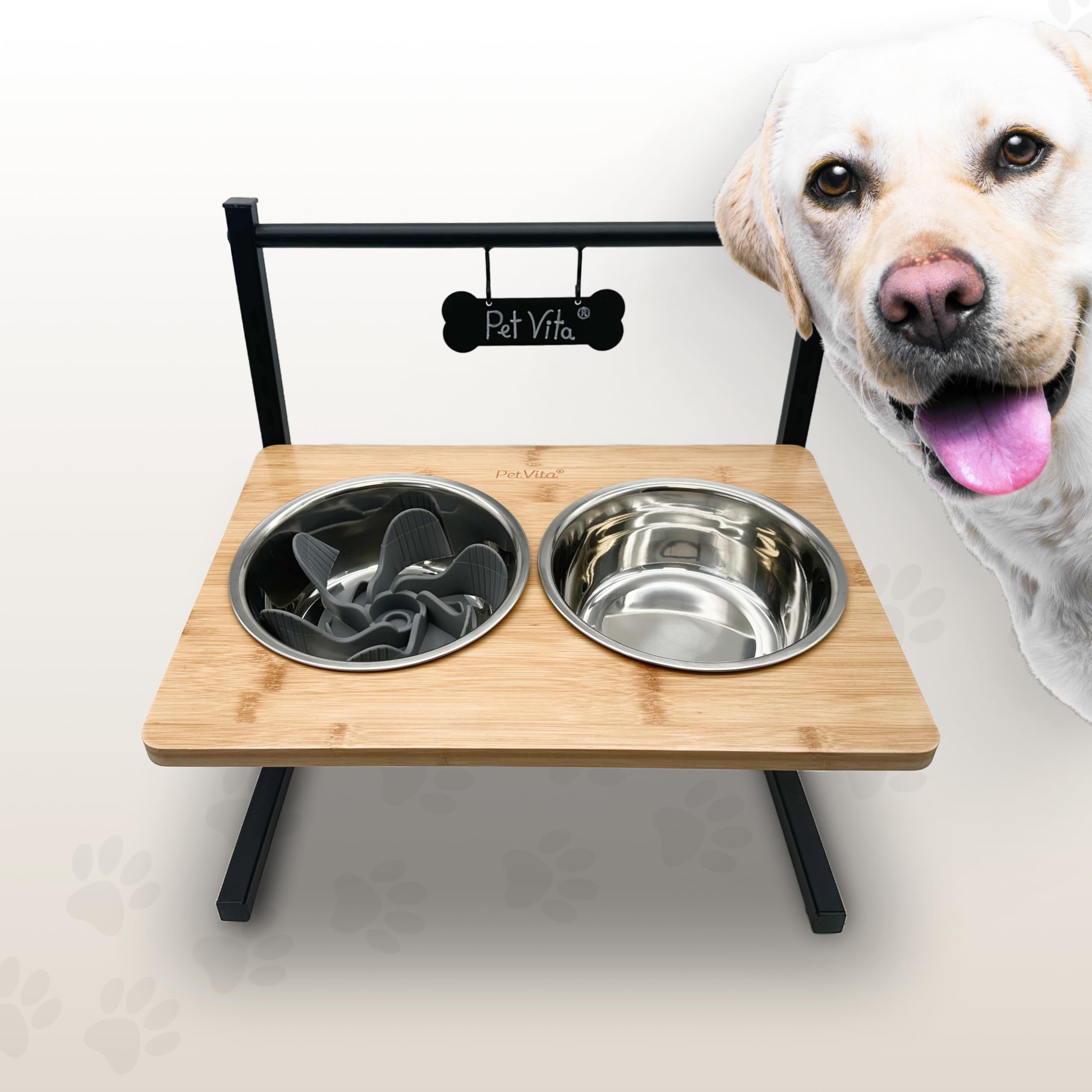 Erhöhter Hundenapf: ALLinONE Hundebar, 12 mal höhenverstellbar mit 2 Edelstahlnäpfen, Futterstation, Wandmontage