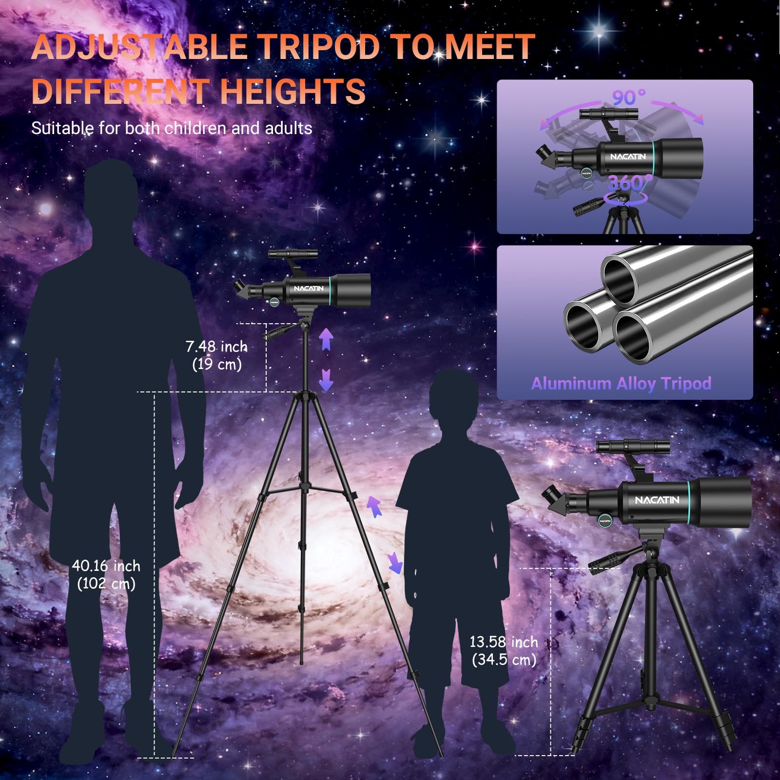 NACATIN - Telescopio para niños y principiantes, apertura de 70 mm, refractor astronómico, telescopio con trípode, adaptador de teléfono móvil, mando a distancia (negro)