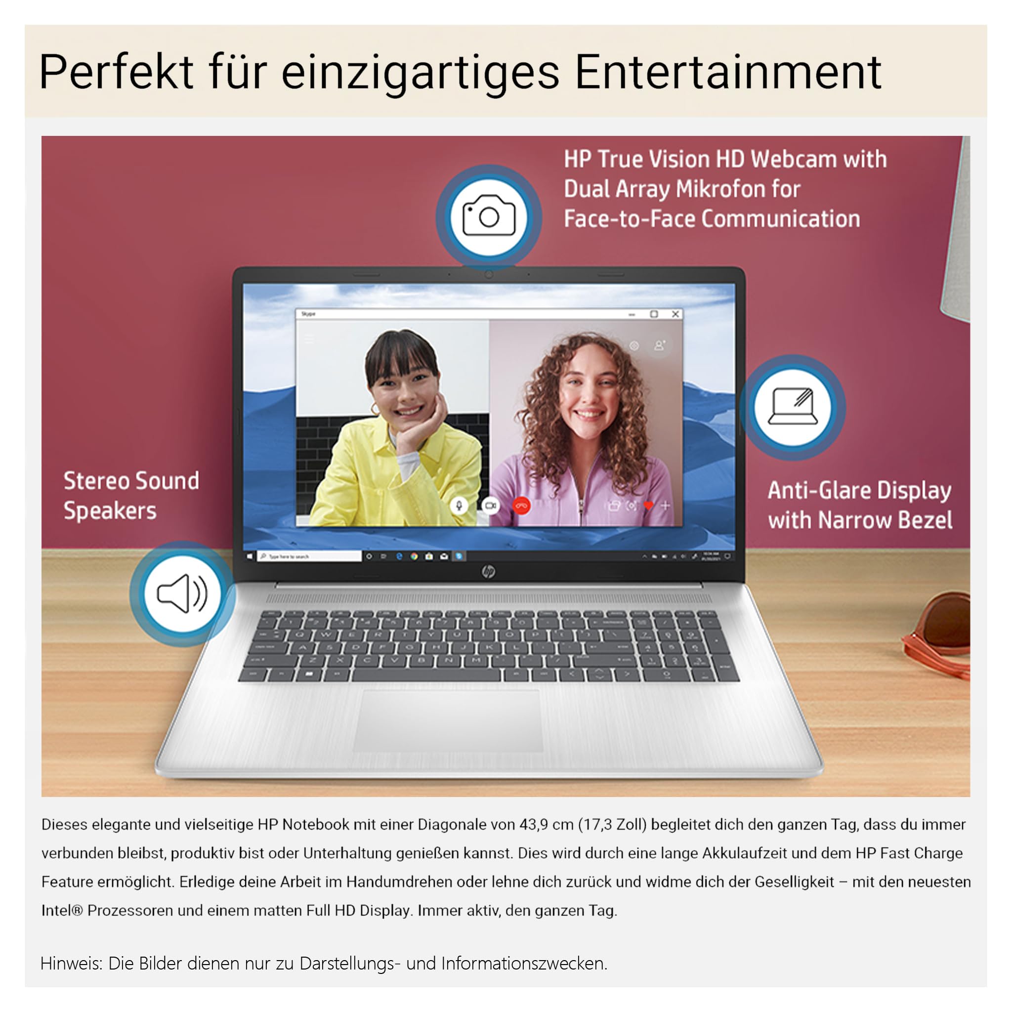 HP 17 Business Laptop, Intel Core i5-120U, 16 GB DDR4 RAM, 512 GB PCIe SSD, 17.3" FHD (1920x1080) Display, Intel Graphics, QWERTZ Tastatur, Windows 11 Pro, Silber