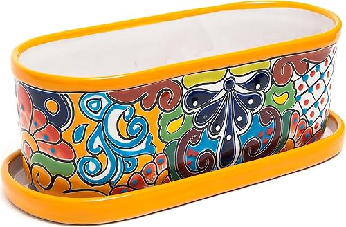 Enchanted Talavera Talavera mexicana - Maceta ovalada de cerámica para suculentas, maceta con ventana, cerámica mexicana hecha a mano con platillo