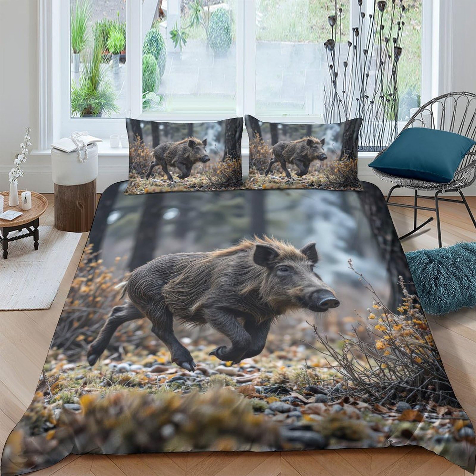 Ctjqhvkz Style-9 3D Printed Wild Boar Forest Fitted Sheet Microfiber Anti-Slip Woodland Bed Cover Bedroom Guest Room Decor Easy Care Single（135X200cm）