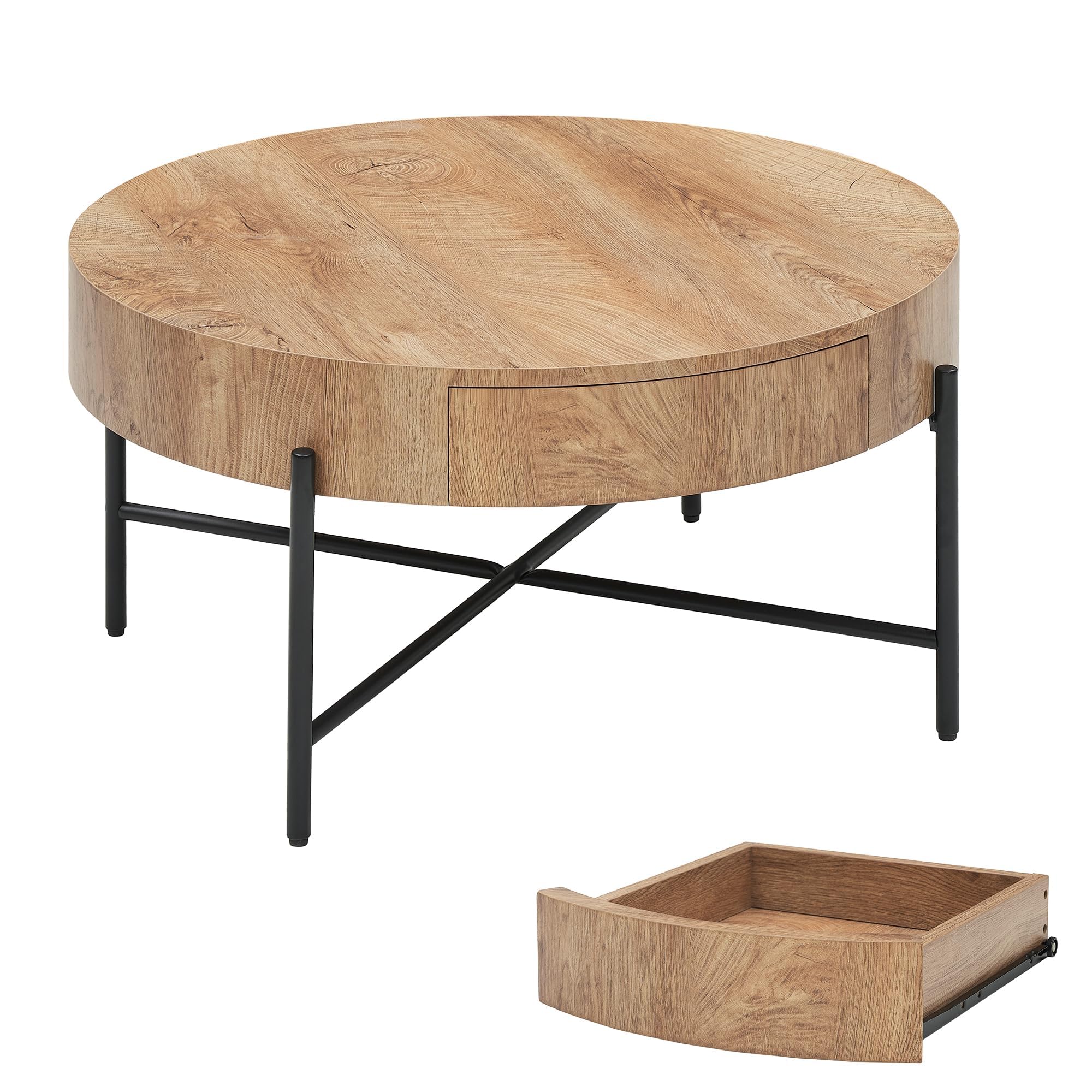Table Basse Ronde 2 Niveaux avec tiroir et étagère Ouverte - Design Moderne en MDF Hydrofuge et Pieds métal - Idéale Salon/Chambre - 50x50x54,5 cm - Motif : Anneaux annuels