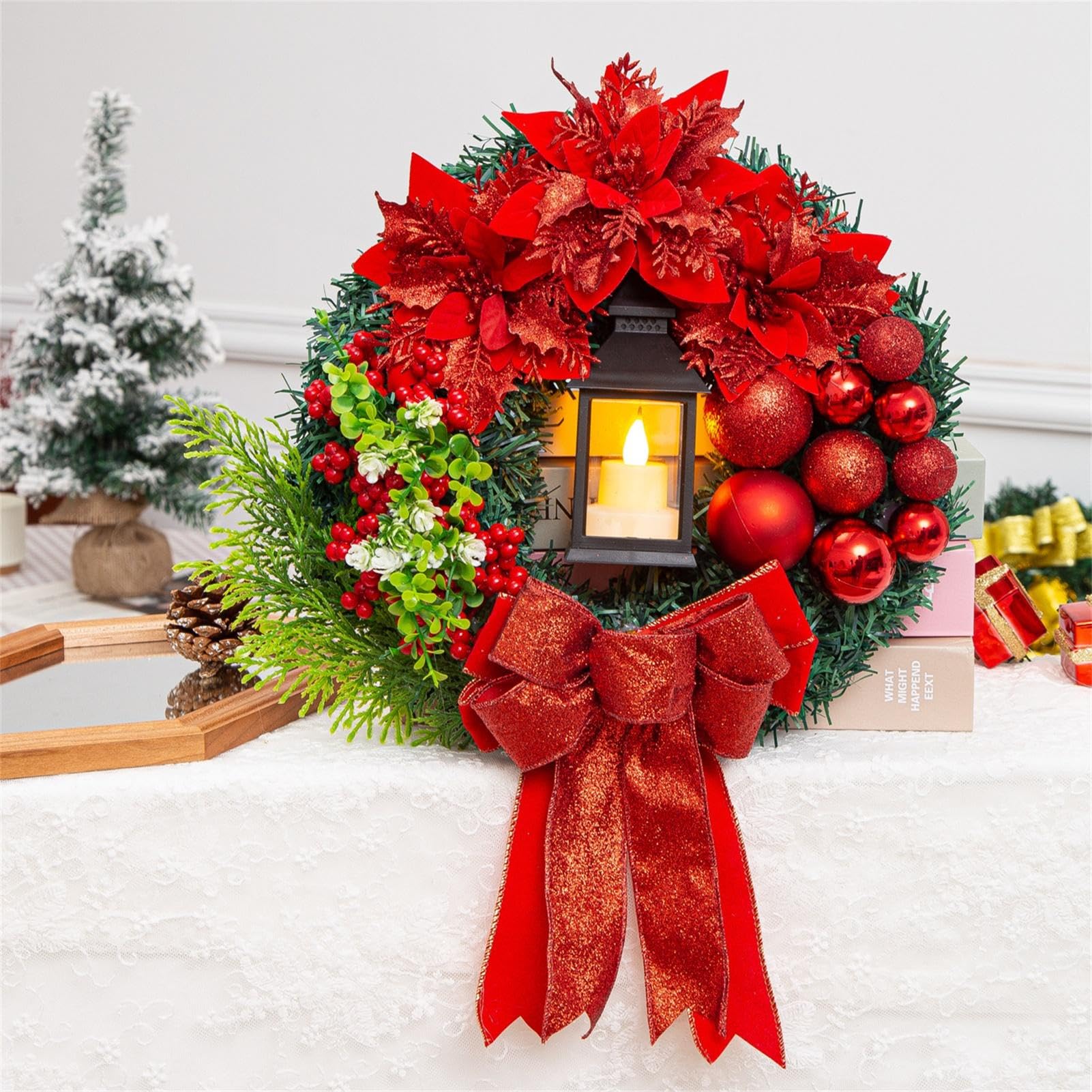 Amazon.co.jp: ライト付きクリスマス リース、赤いリボン付き玄関ドア
