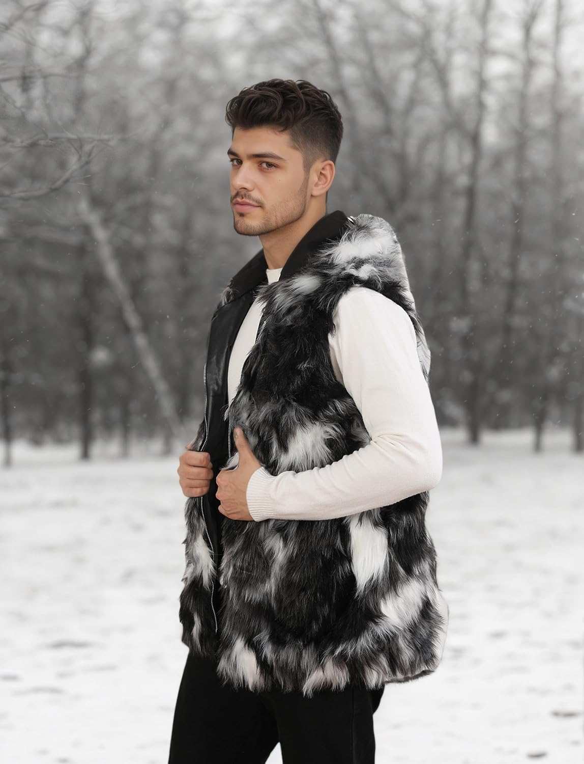 Idopy Men`s Luxury Faux Fur Hoodie Coats Sleeveless Jacket Vest With Hood