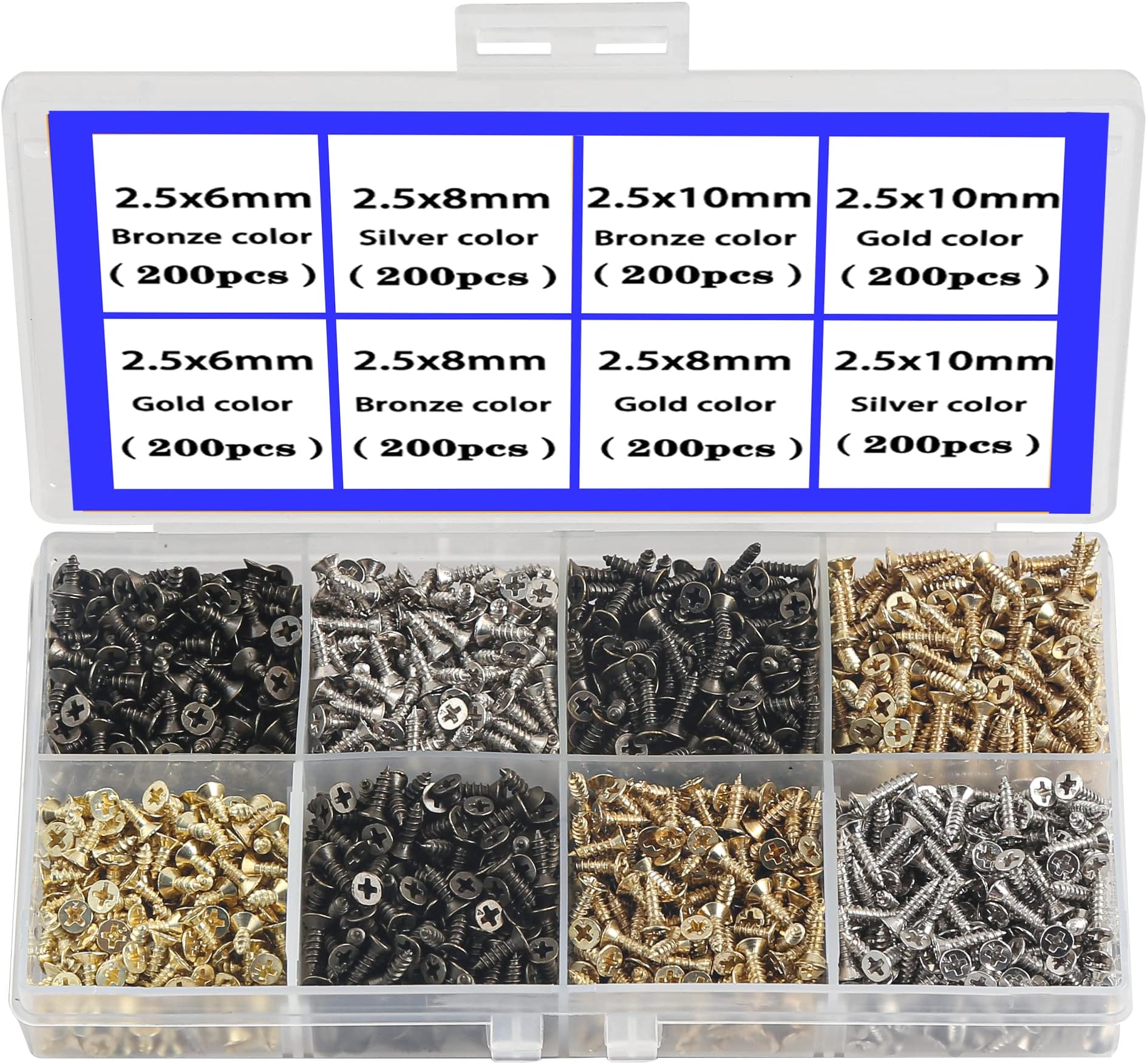 newlng 1600pcs 2.5MM Small Screws Phillips Flat Head Cross Self Tapping Tiny Screw Cabinet Electronic Accessories Multifunctional DIY Micro Woodworking Mini Screw Set Gold Black Silver