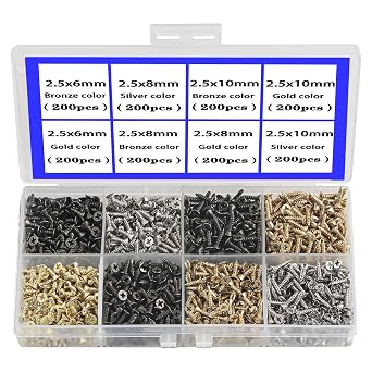 newlng 1600pcs Small Screws 2.5 * 6/8/10mm Phillips Flat Head Cross Self Tapping Tiny Screw Cabinet Electronic Accessories Multifunctional DIY Micro Woodworking Mini Screw Set Gold Black Silver