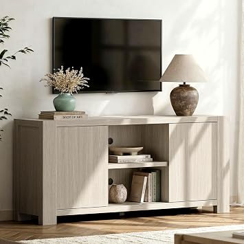 ModernMate 58 TV Stand for TVs Up to 65, Entertainment Center with Outlet, 2 Storage Cabinet, Wood Television Media Console Cabinet with Adjustable Shelf for Living Room, Bedroom, White Oak Gray