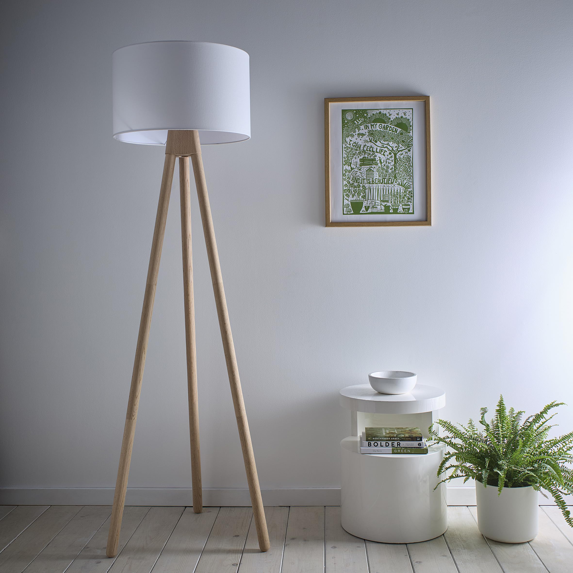 K Living  Beige Erice Wooden Tripod Floor Lamp, Sports Direct