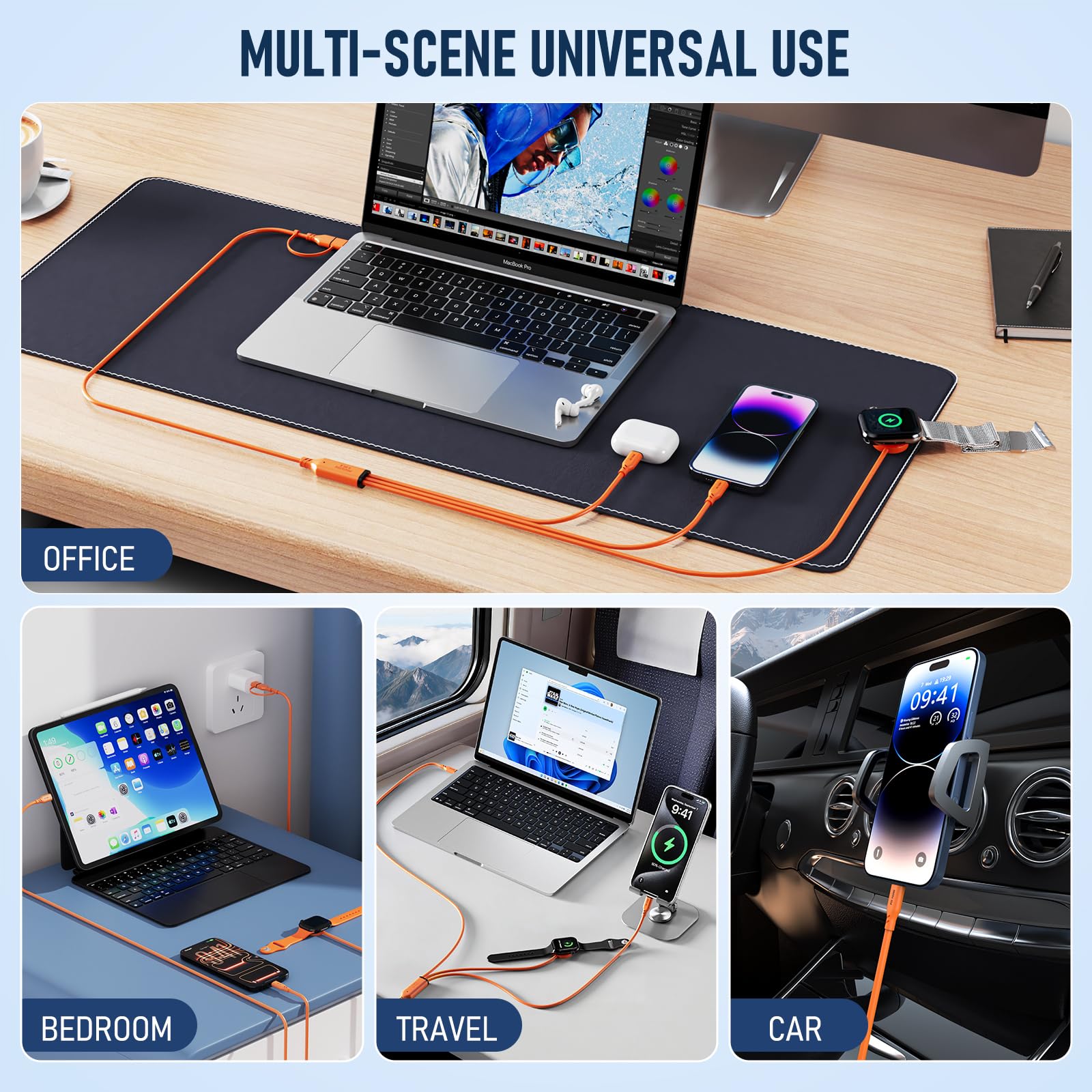 Travel Essentials Câble de charge 3 en 2 en silicone 100 W USB A/C vers double USB C/pour Apple Watch, câble de charge rapide compatible avec iPhone 17-15, iPad, MacBook, appareils de type C 1,5 m