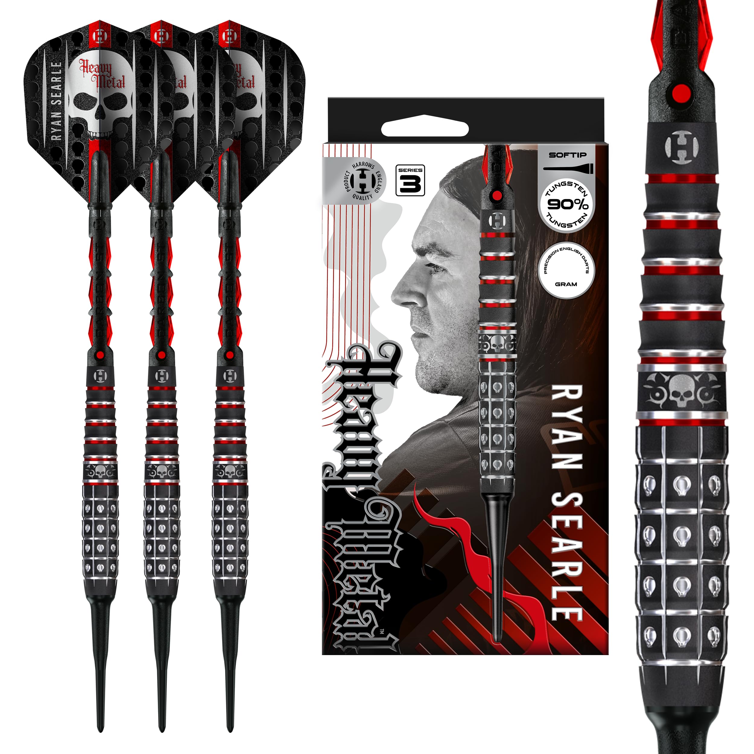 Harrows Juego de dardos Ryan Searle de 90% de tungsteno, serie 3 de puntas blandas, 18 g y 20 g, incluye cañas de carbono rojo y plumas de sílice, dardos profesionales de punta suave para dianas