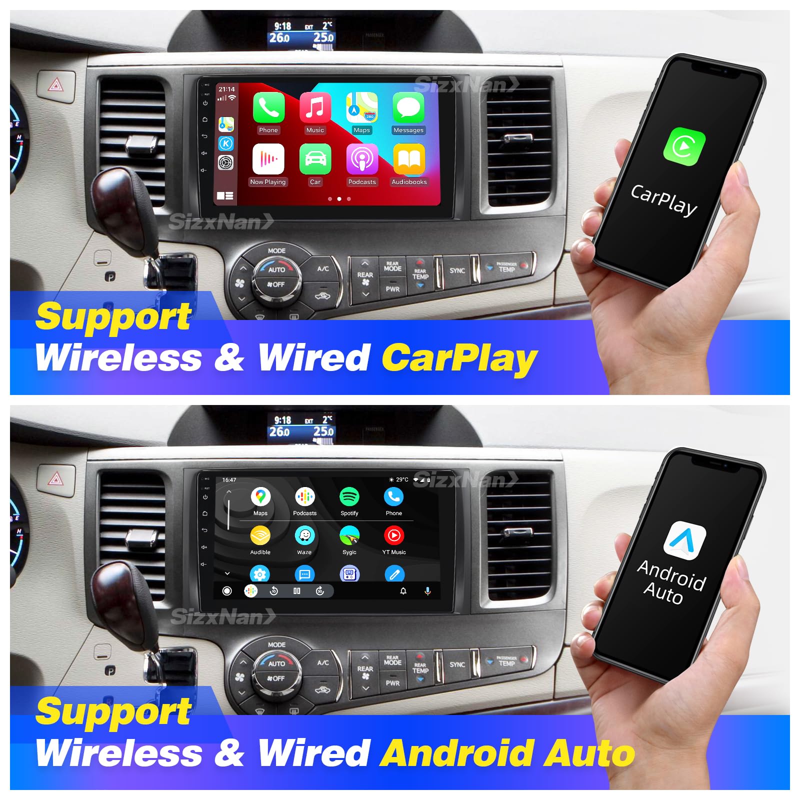 SizxNanv for Toyota Sienna Radio Compatible with Wireless Carplay Android Auto,Car Upgrade Android Stereo 8core Touchscreen Bluetooth Navigation GPS WiFi FM/AM Backup Camera Head Unit (for 2011-2014)