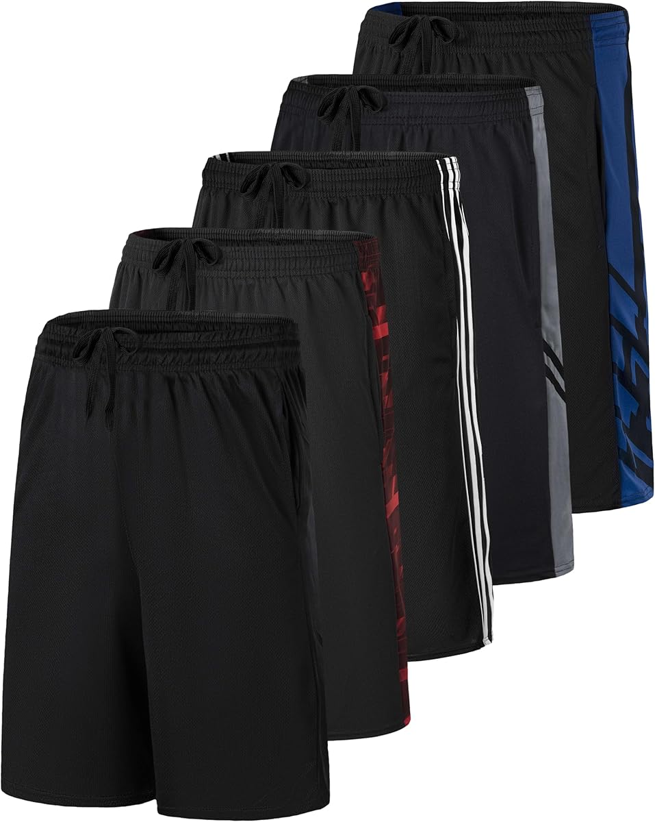 Real Essentials 5 Pack: Men’s 9" Mesh Shorts – Athletic Gym, Workout, Basketball, Running, Casual Lounge Activewear Pockets