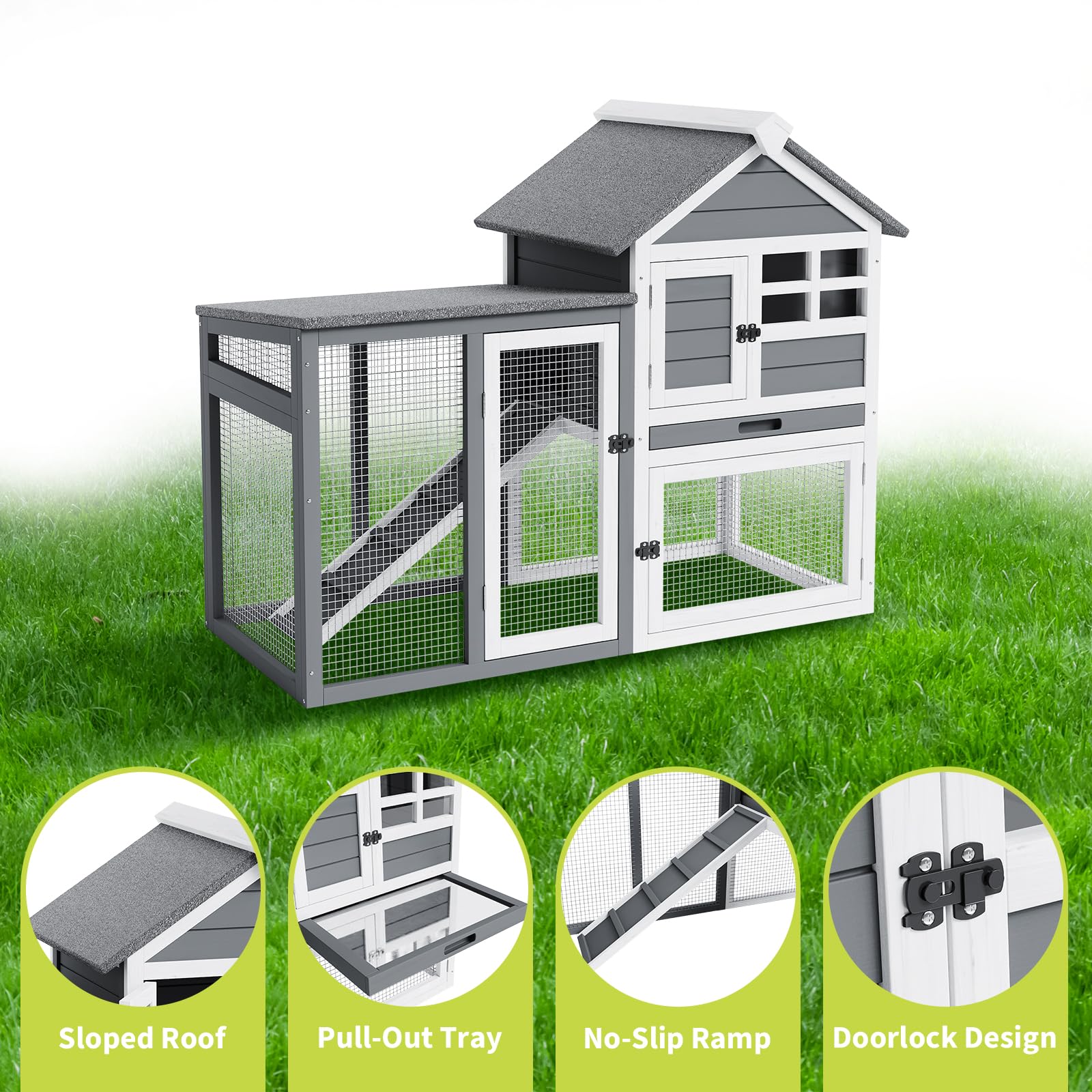 GarveeLife Jaula de Madera de 2 Niveles para Conejos, gallinas y cobayas – Uso Interior/Exterior – Techo Impermeable, Bandeja extraíble, rampa Antideslizante, 4 Puertas – Gallinero y casa para