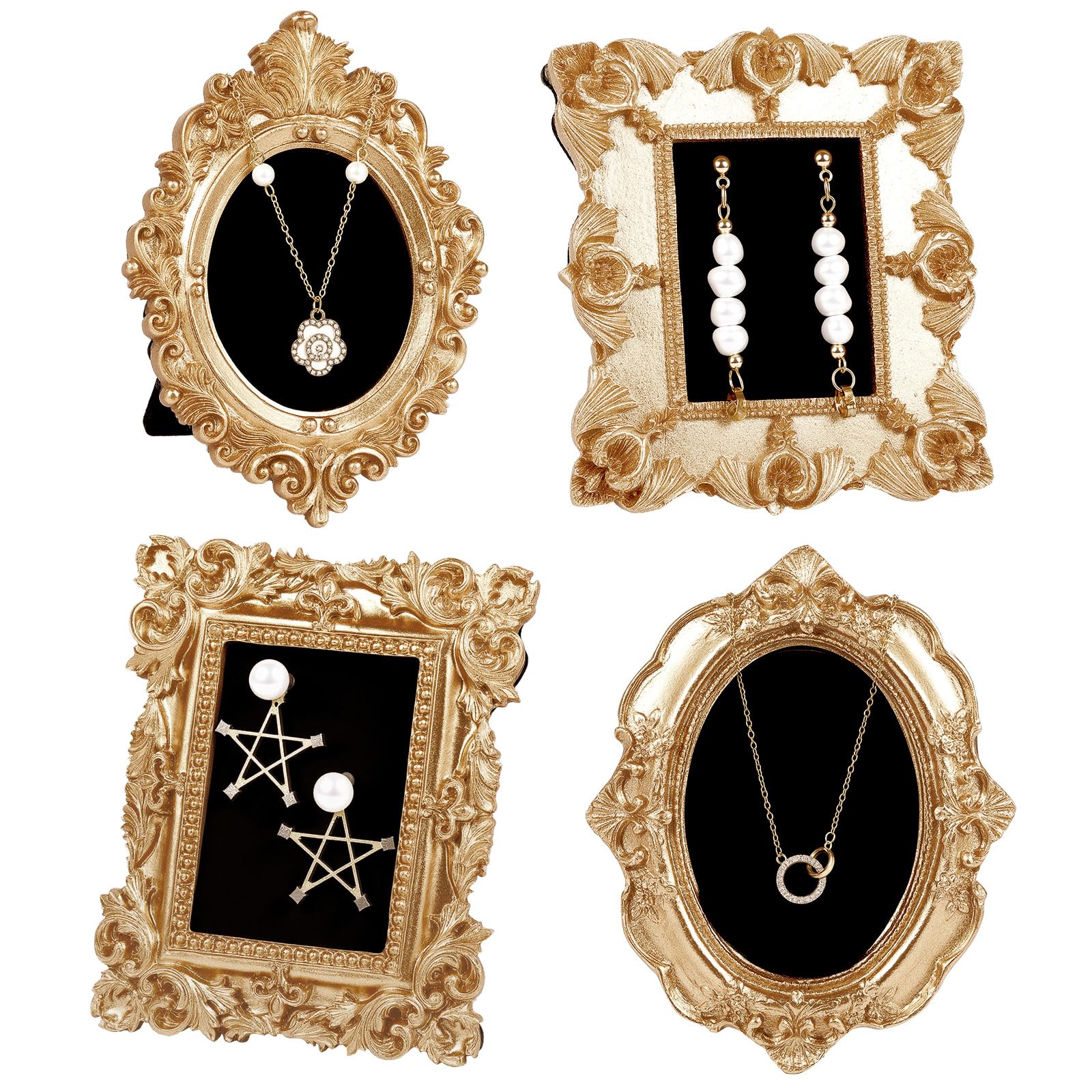 Wonderjune 4 Pcs Mini Vintage Jewelry Display Tray Baroque Style Jewelry Photography Props Gold Picture Frame Organizer Display Stand with Velvet Backing Necklace Earring Frame for Women Gift Wedding