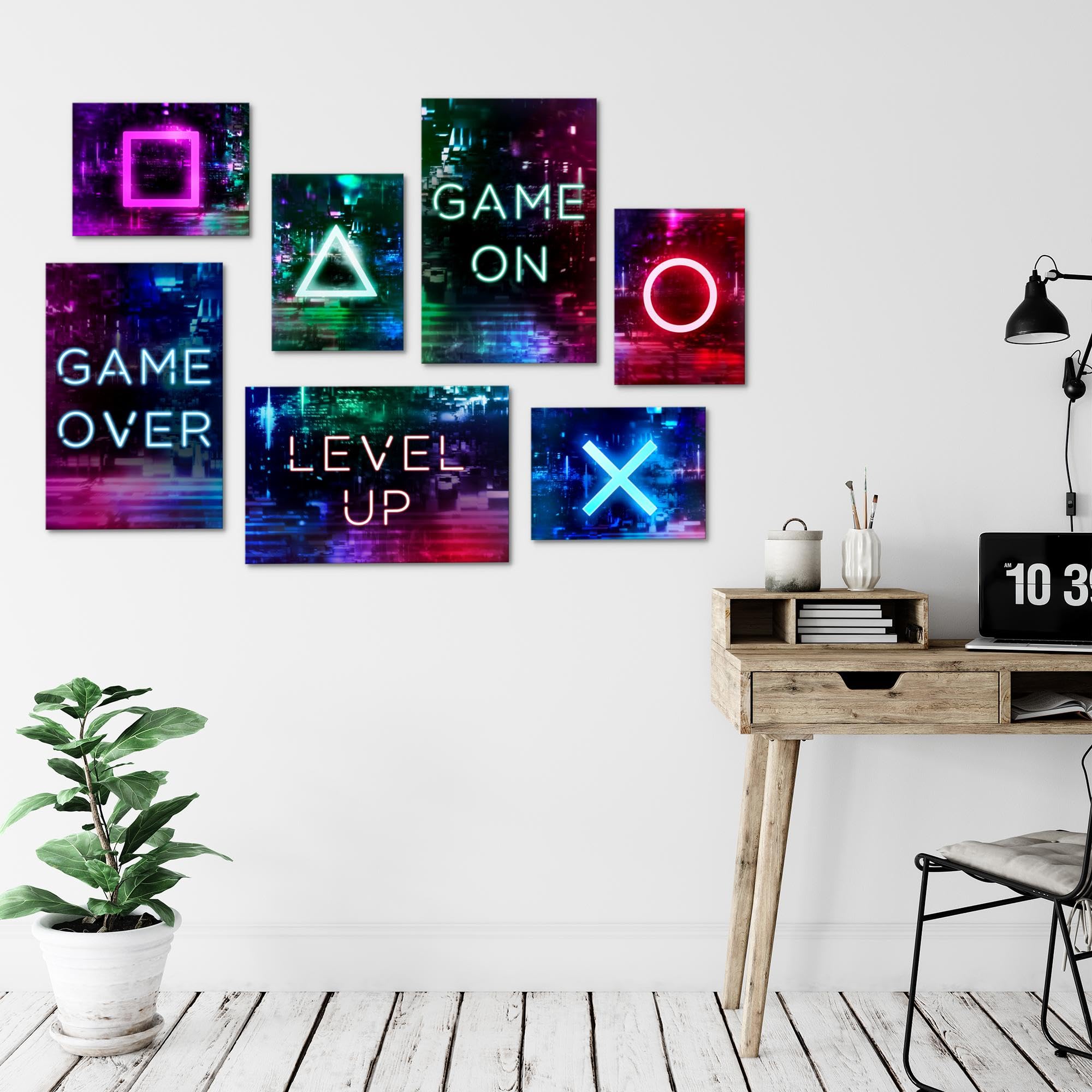 Novart Wandbilder Spielkonsole Gamer - KOMPLETT AUFHÄNGFERTIG - Bunt Kinderzimmer Junge Teenager - 7 Moderne Mood-Bilder - N021372a