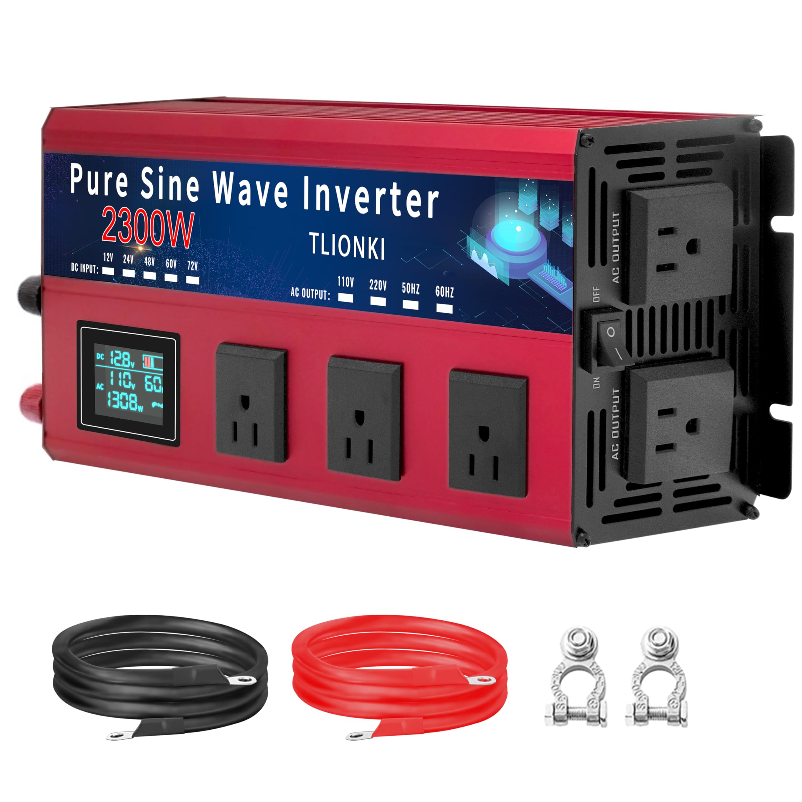 TLIONKI 2300W Pure Sine Wave Inverter, DC 12V to AC 110V/120V Power Inverter with 5 AC Outlets, LCD Display,4600W Peak 12 Volt Converter, Suitable for RV, Camping, Home & Emergency
