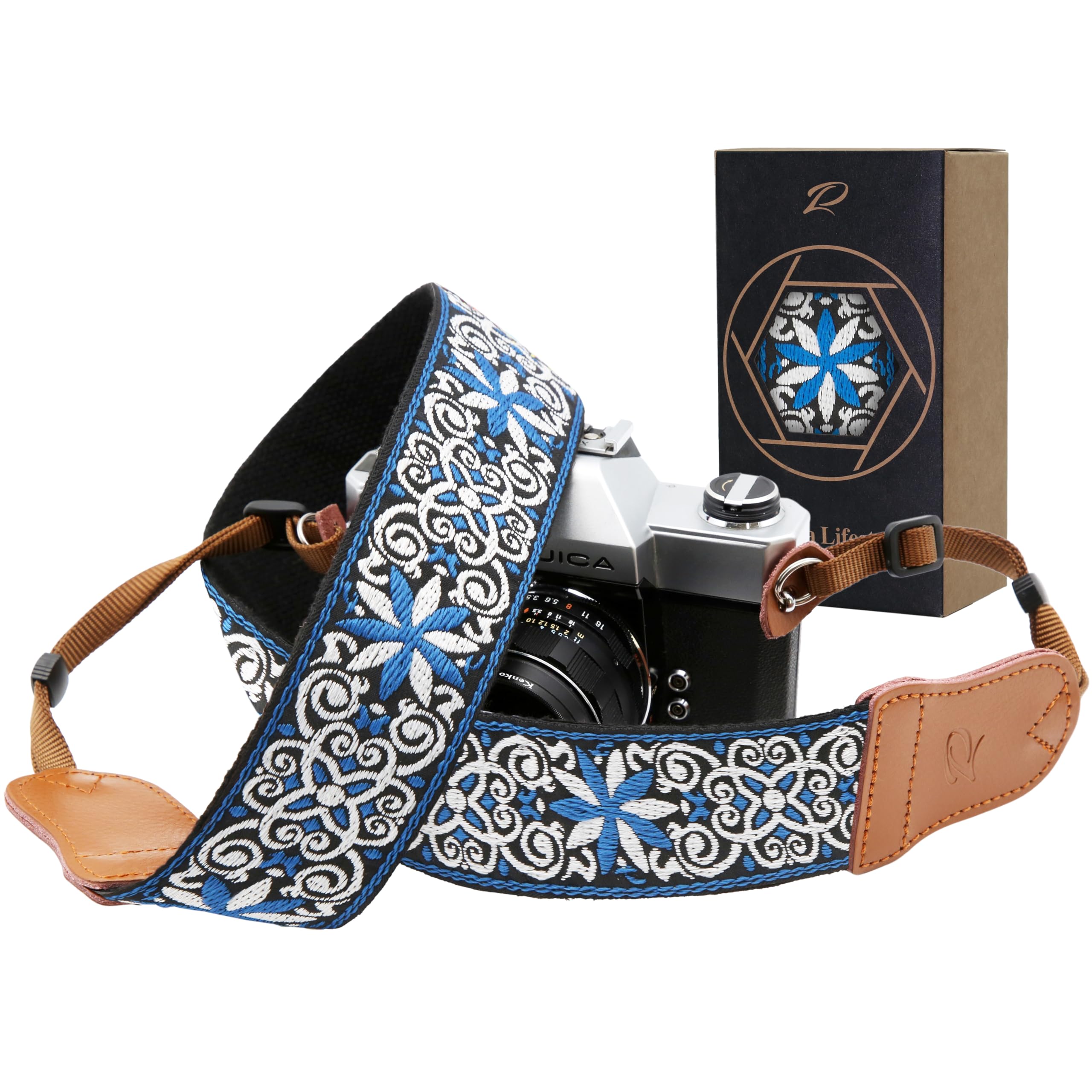 Padwa Lifestyle Blue Floral Camera Strap - 2" Cowhide Head Camera Straps for Photographers,Vintage Jacquard Embroidery Woven Cotton Adjustable Shoulder Neck Straps for Cameras,Binoculars