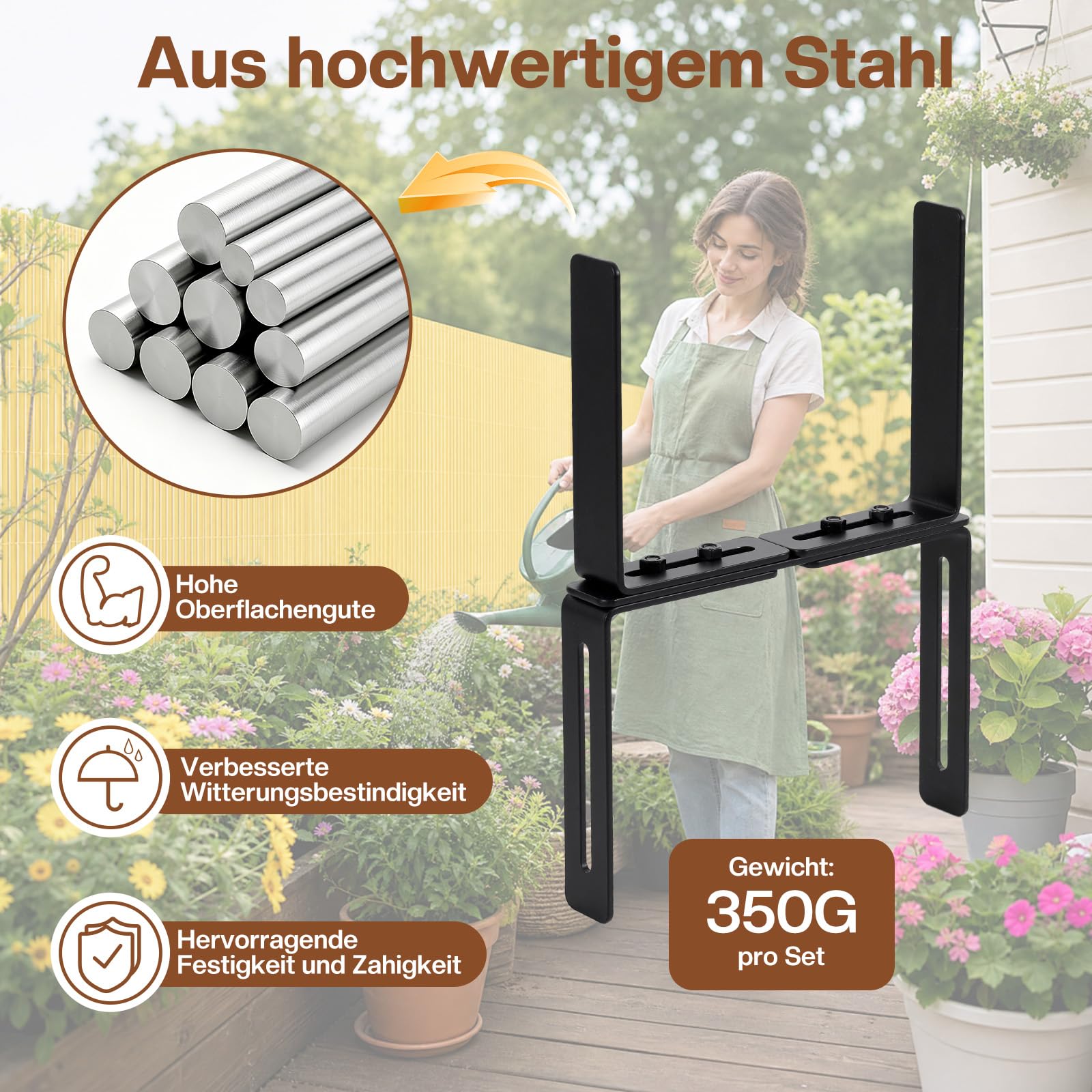 2er H-Form Blumenkastenhalterung für Balkongeländer, Ohne Bohren, 2-Fach Verstellbar,Passend für Balkonkasten 15–23 cm und Geländer 1,5–32 cm, Stabiler MetallBalkonkasten Halter (Schwarz, 4)