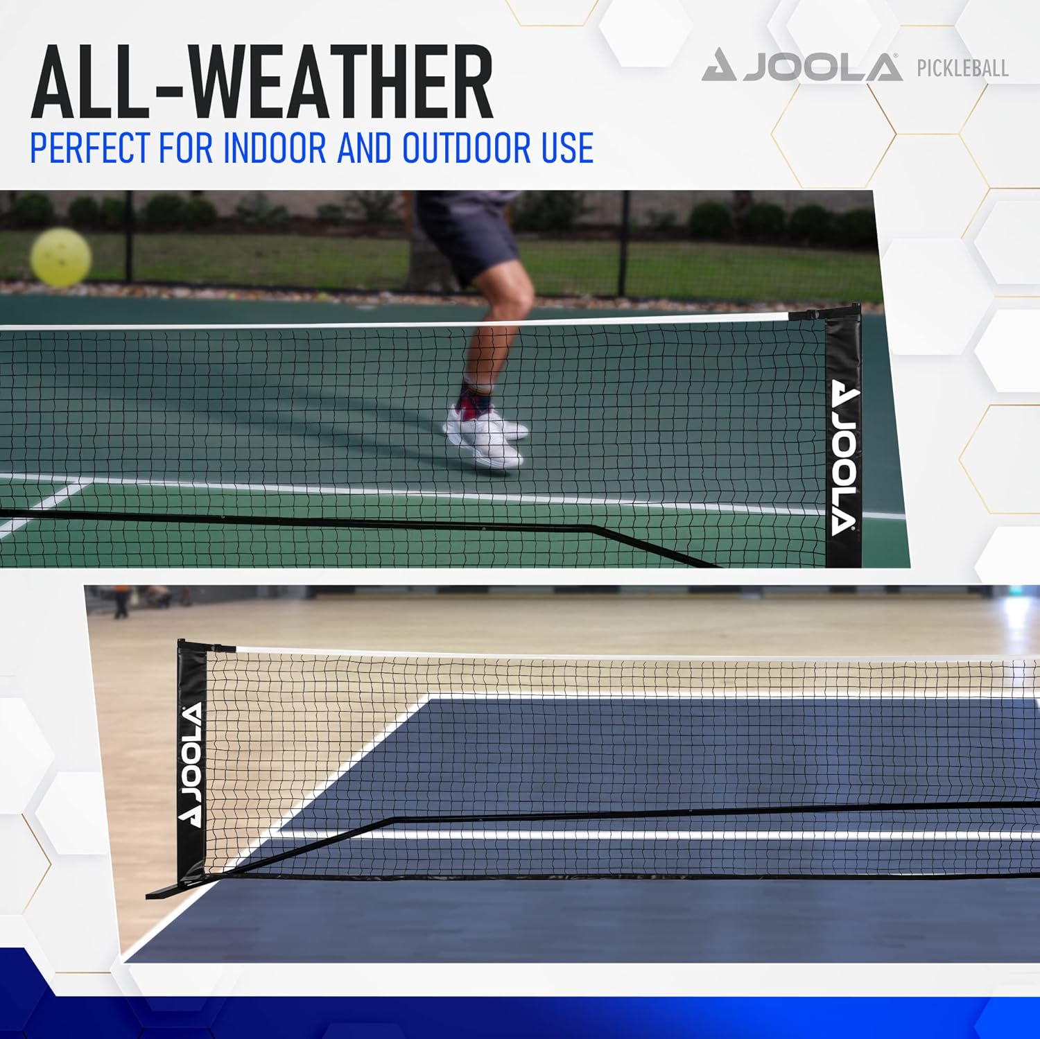 JOOLA pickleball net set up on an outdoor court and an indoor court
