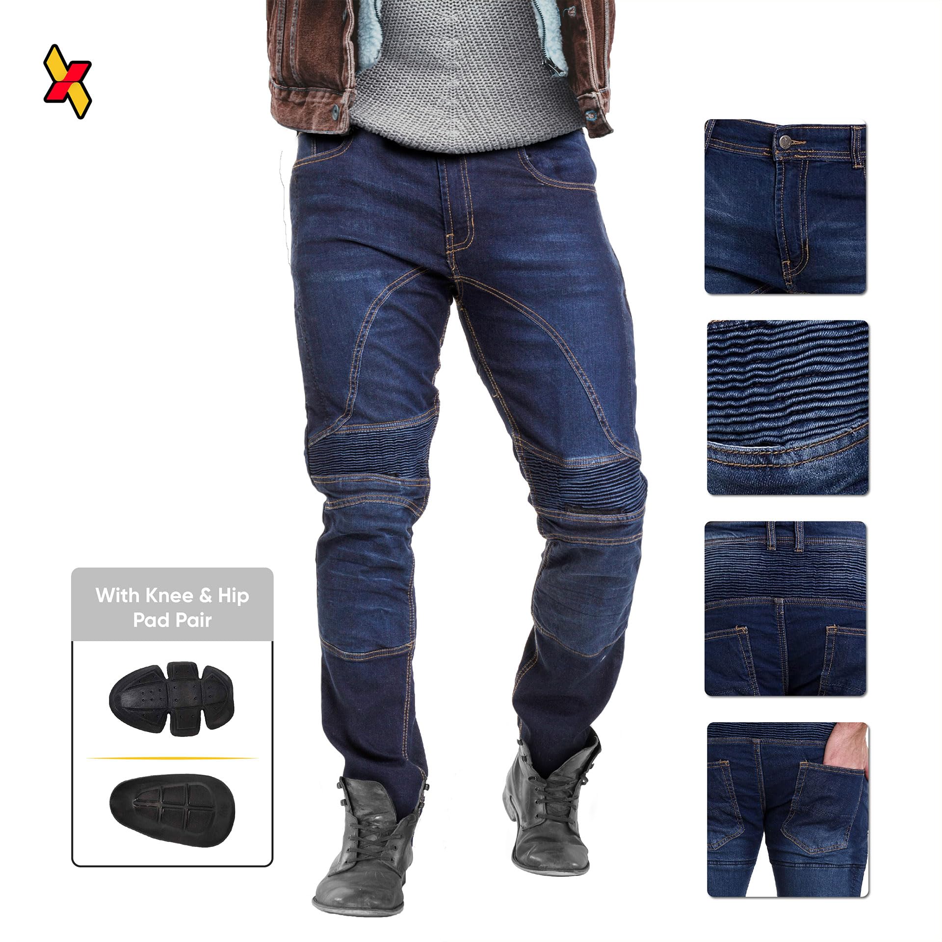 Juicy Trendz Męskie spodnie motocyklowe, opancerzone dżinsy jeździeckie z ochraniaczami na biodra i kolana, aramidowa podszewka ochronna Adventure Touring Pant