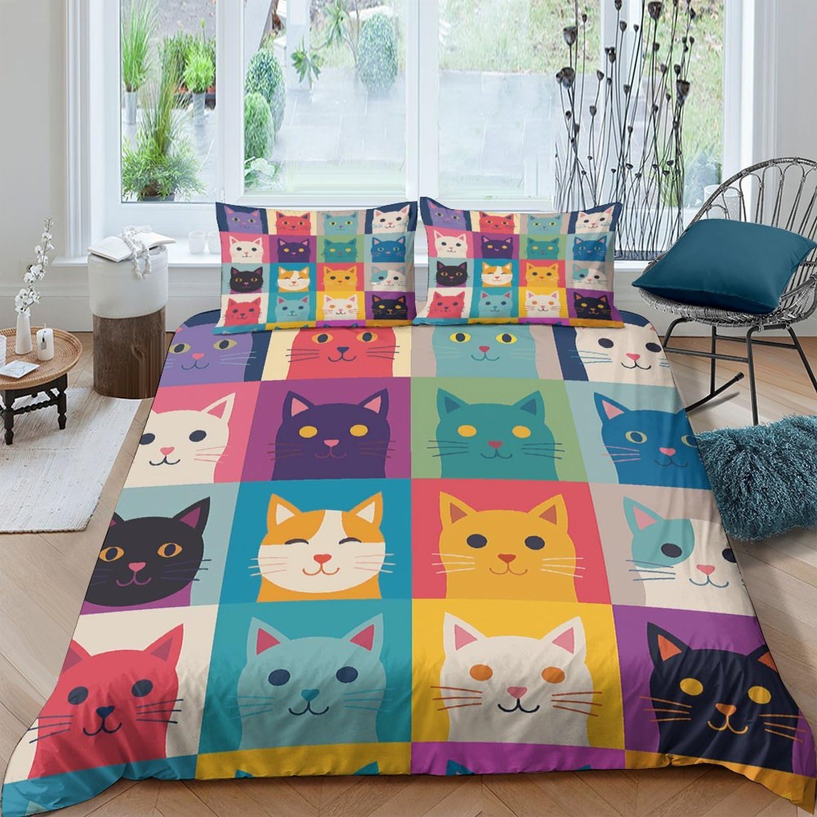 P5V6M1Q9 3D Printed Colourful Cat Portrait Duvet Cover Microfiber Soft Breathable Kitten Bedding Set with 2 Pillowcases for Bedroom Decor Single（135x200cm）