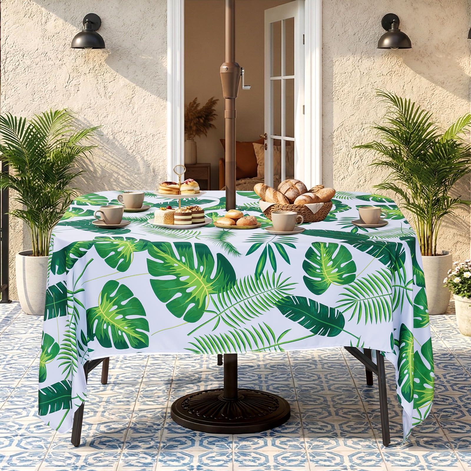 Eternal Beauty 60''X104” Rectangle Tablecloth Waterproof Outdoor Tablecloth with Umbrella Hole Zipper for Patio Spring Summer Picnic Tables, 60''X104”(Tropical Leaf)