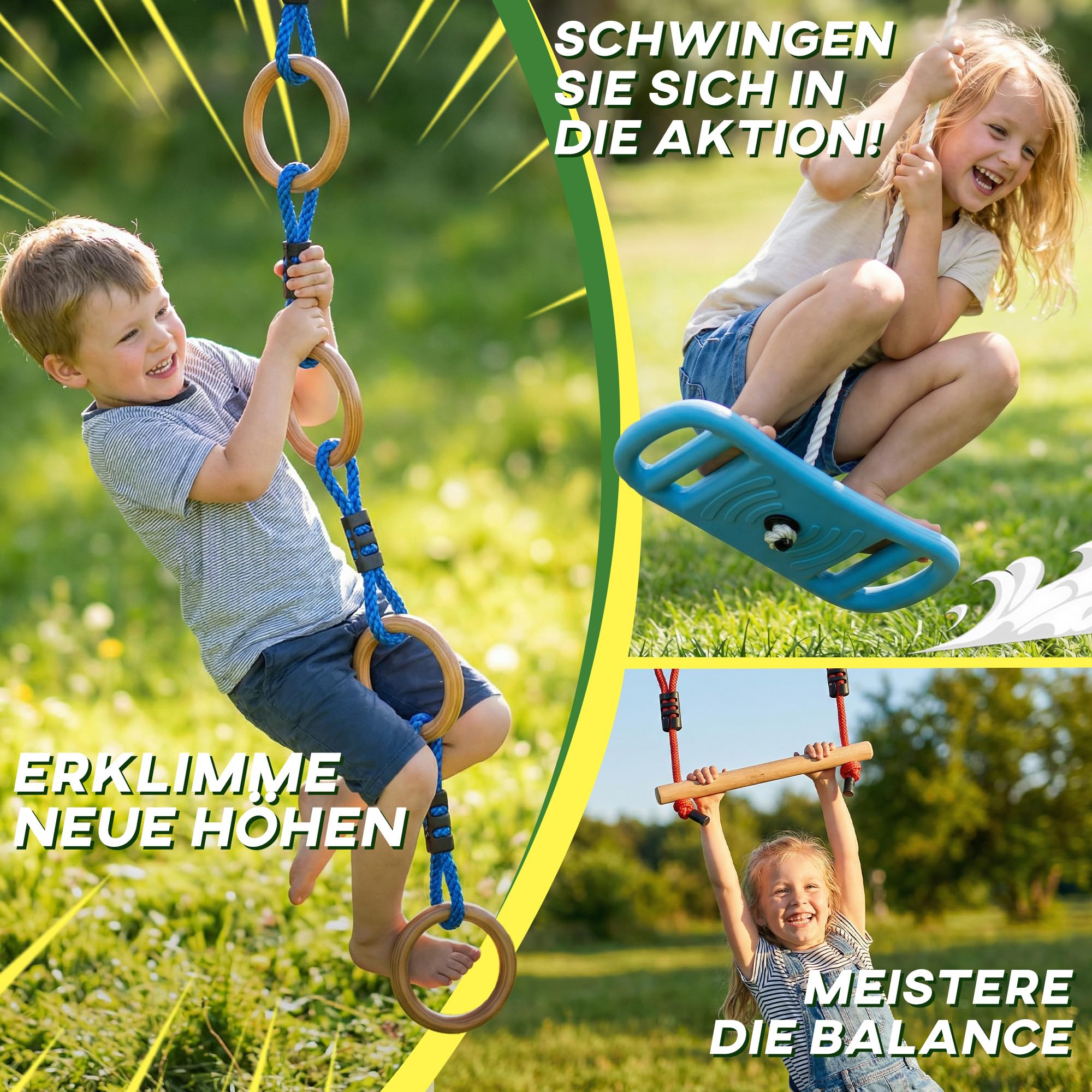 AIYAPLAY Ninja Line Kinder 10m 9-teilig Slackline Set mit 2 Turnringe, 3-in-1 Schaukel, 2 Kletterstange, Baumschutz, 2 Greifbällen, Tasche Outdoor Spielset Ausrüstung für 3-8 Jahre Kinder Mehrfarbig