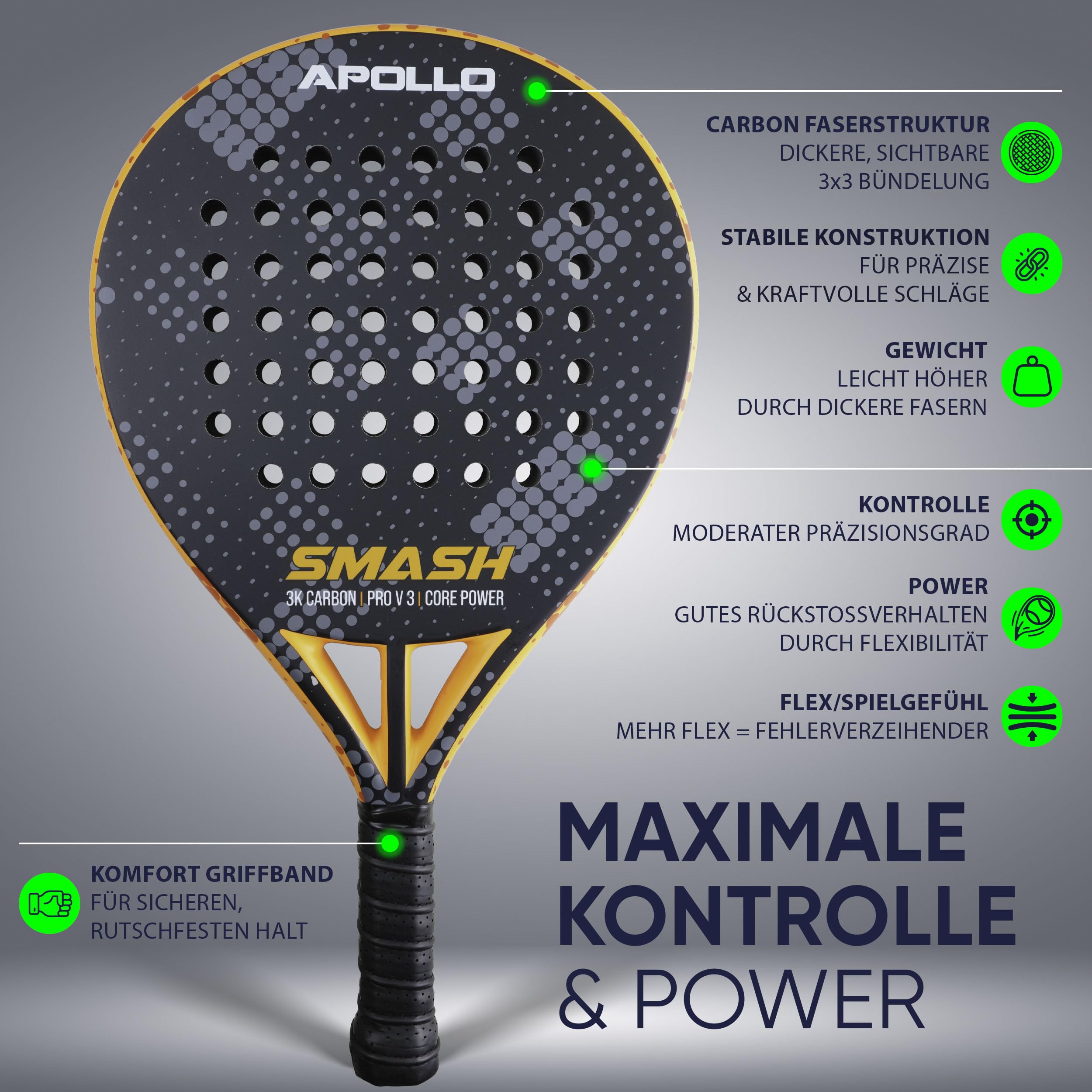 Apollo Padelschläger 3K 12K Carbon 365g Damen Herren Anfänger Fortgeschrittene