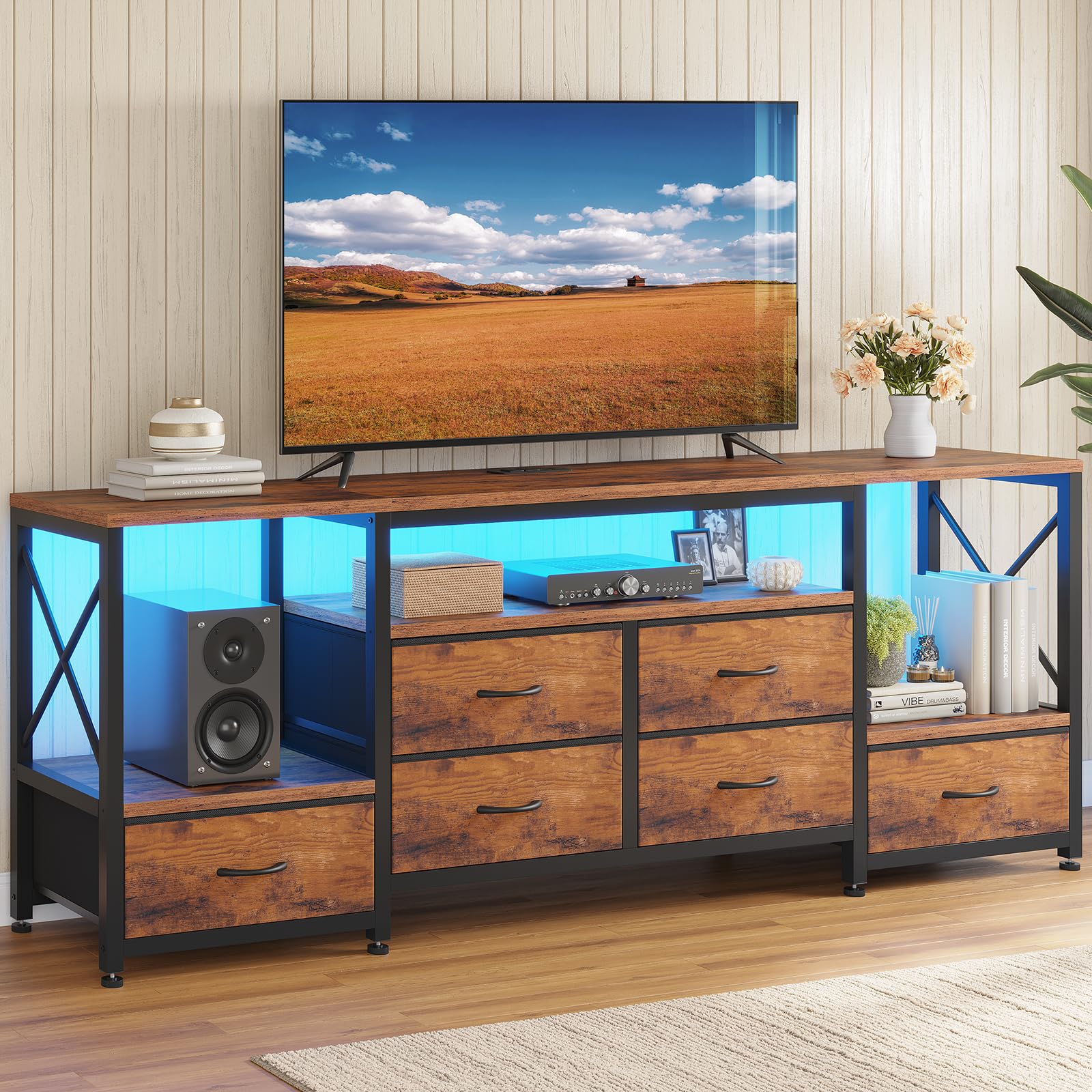 HAUOMS TV Stand for 75 Inch TV, Entertainment Center with LED Light & Power Outlets,63