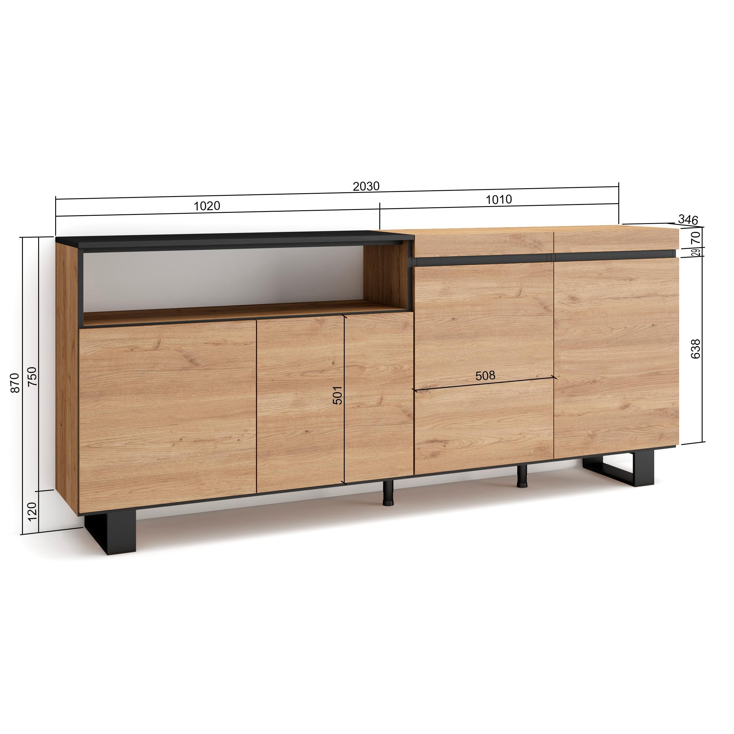 Skraut Home | Buffet Salon et Cuisine | Meuble de Rangement, Commode | 200x87x35cm | 4 Portes | Design Industriel | Style Moderne | Chêne et Noir