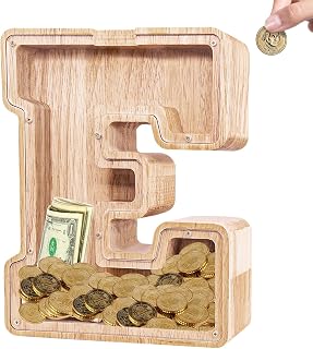 Wooden Letter Piggy Bank for Kids - Personalized Alphabet E Money Bank with Large Coin Slot, Ideal Birthday for Boys Girls (Letter E)