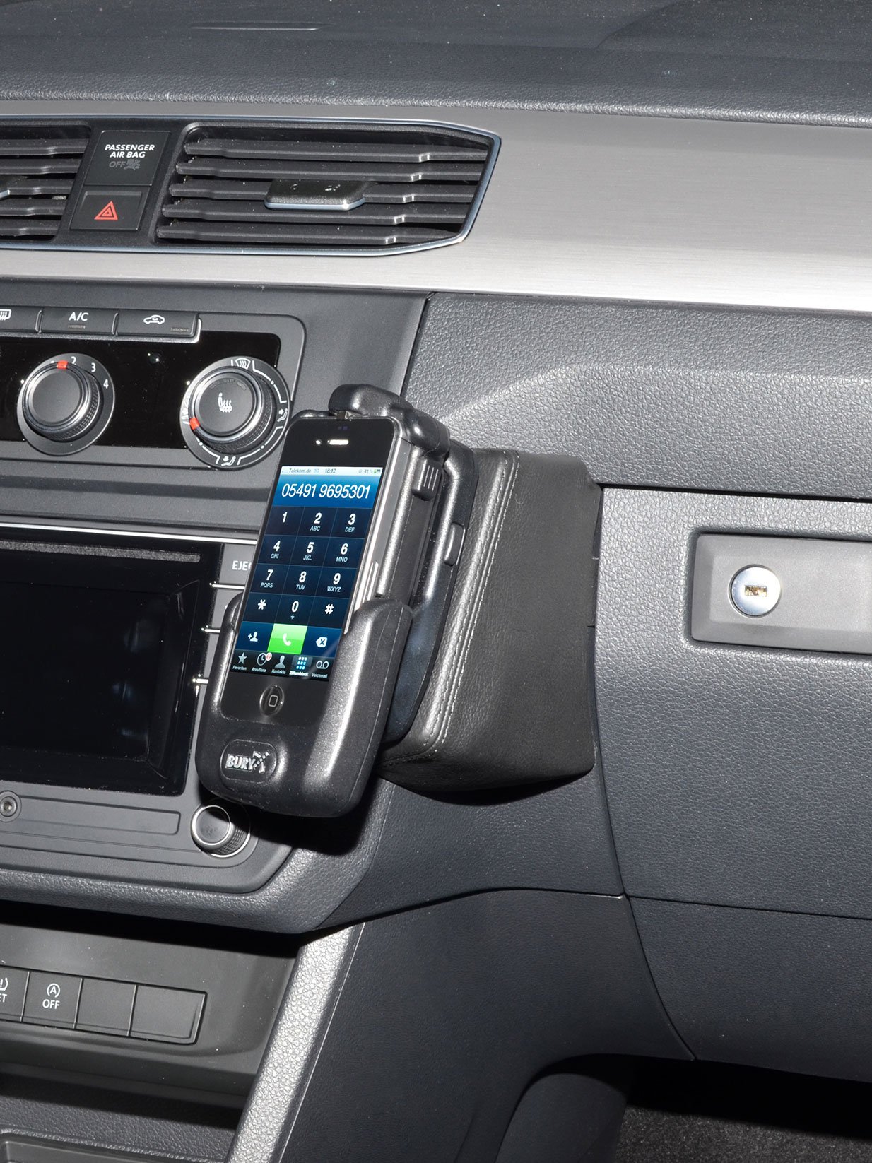 KUDA Uchwyt na telefon komórkowy pasujący do VW Caddy od 2015 roku – konsola telefoniczna do smartfonów, telefonów komórkowych, nawigacji i innych – konsola z prawdziwej skóry, czarna, 1970
