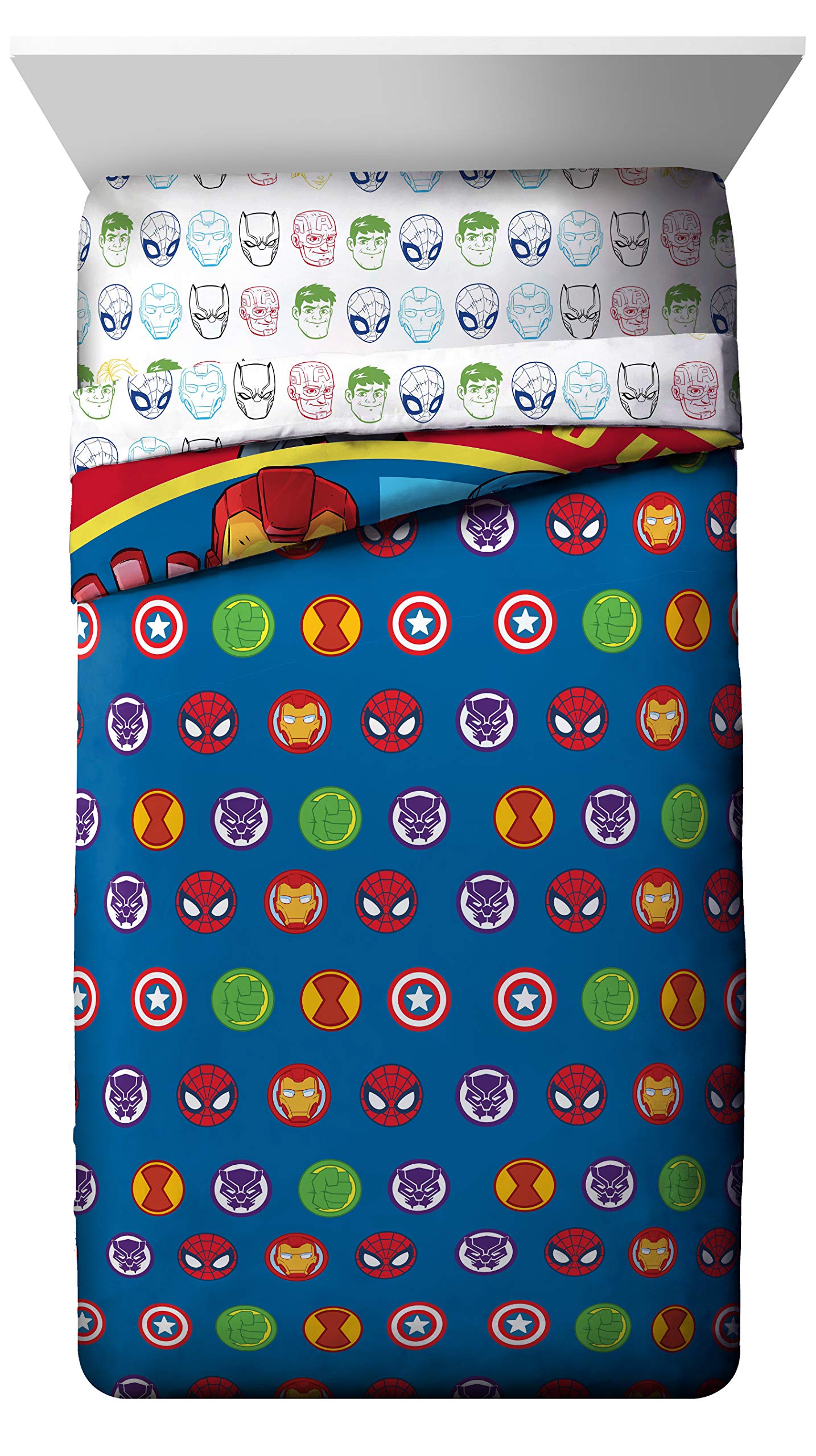 Marvel Super Hero Adventures Set Letto 4 Pezzi Per Bambini - Piumino, Lenzuolo, Federa Con Capitan America, Spiderman, Iron Man E Black Panther