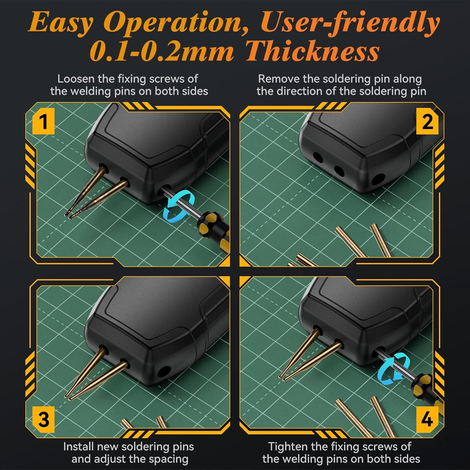Instructions for changing and adjusting welding pins