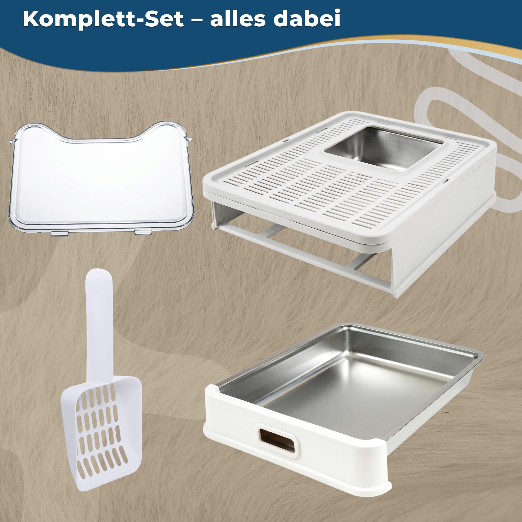 Katzenklo Edelstahl mit Deckel, Faltbare Geschlossene Katzentoilette mit Schublade, Geruchsfrei, Auslaufsicher, Leicht zu Reinigen, Doppelter EIN-/Ausgang, Mit Schaufel, (38,3×51×41 cm) – Weiß