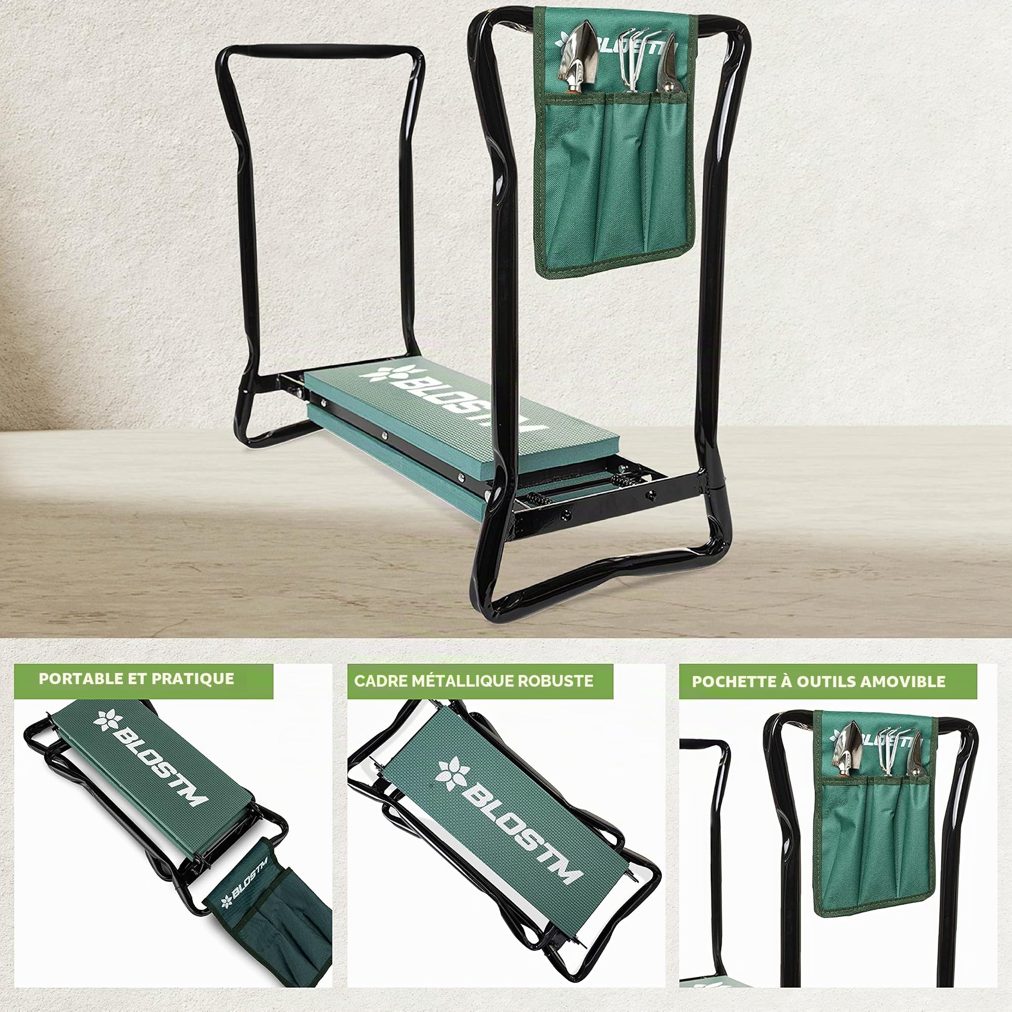 BLOSTM Repose-Genoux et siège de Jardin 2 en 1 – Repose-Genoux Pliable et Portable et Tabouret de Jardin, Coussin en Mousse épaisse et Souple – avec Pochette pour Outils de Jardinage