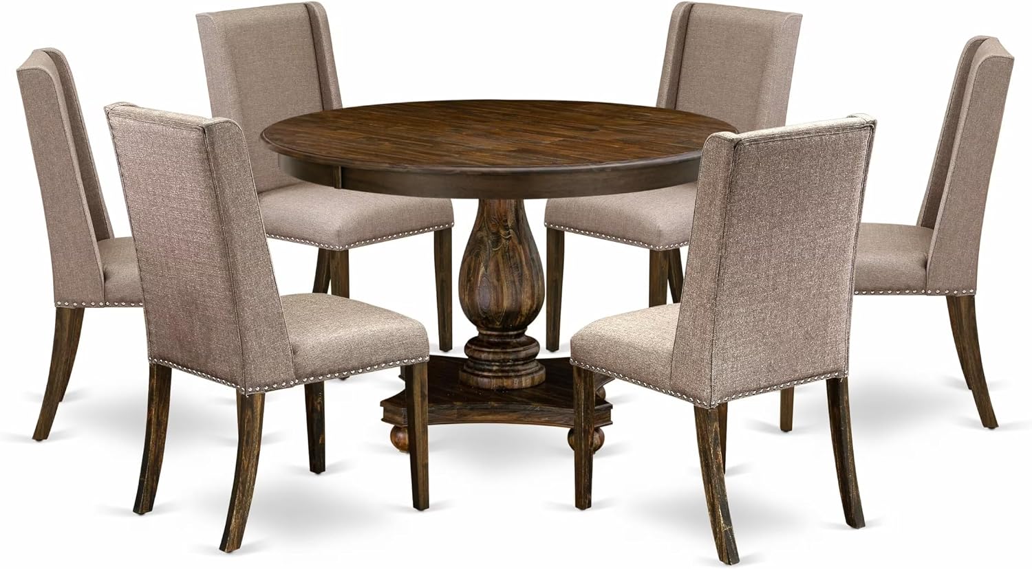 East West Furniture F2FL7-716 7 Piece Dining Table Set Consist of a Round Dining Room Table with Pedestal and 6 Dark Khaki Linen Fabric Parsons Chairs, 48x48 Inch, Distressed Jacobean