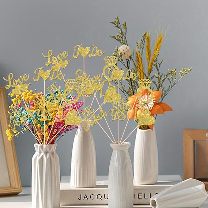 Wedding Decor Inspo: Gold "He Asked, She Said Yes" Centerpiece Sticks