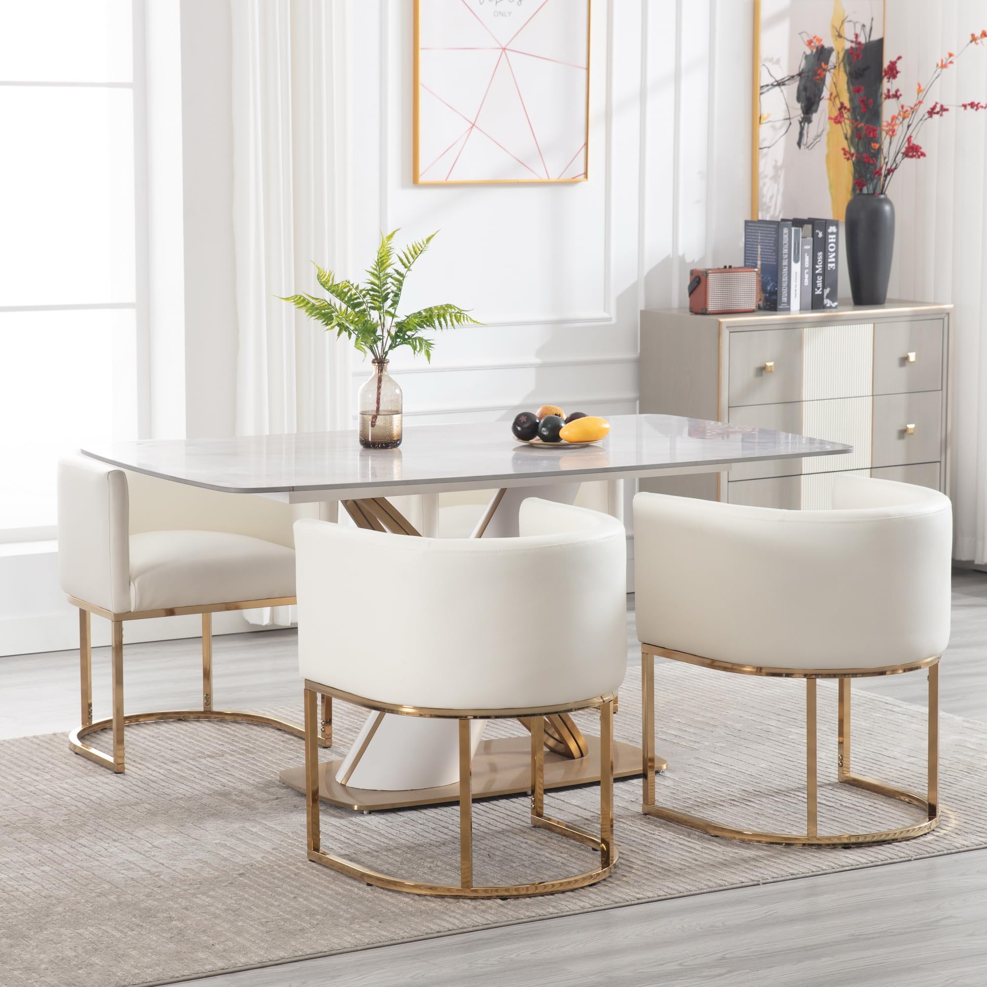 BESTANO Faux Leather Dining Chairs Set of 4 Modern Barrel Arm Chairs with Golden Metal Frame, Upholstered 18.5" Wide Accent Chairs for Living Room, Dining Room, Restaurant, White