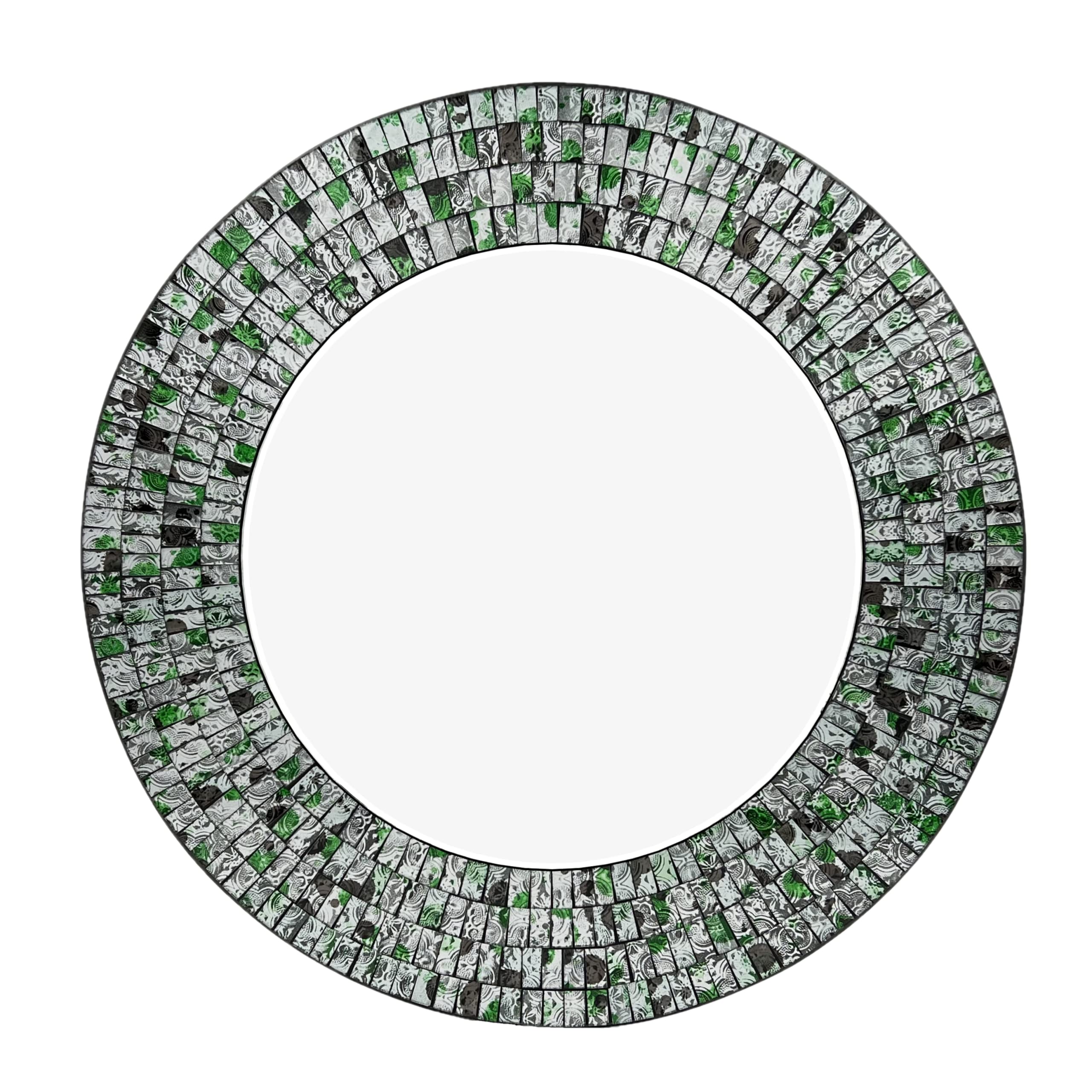 Zorigs Mosaic Mirror, Wall Art Décor – 24” Round Handcrafted Decorative Wall Mirror, Silver, Green, and Gray Mosaic Tiles with Embedded Imperial Design