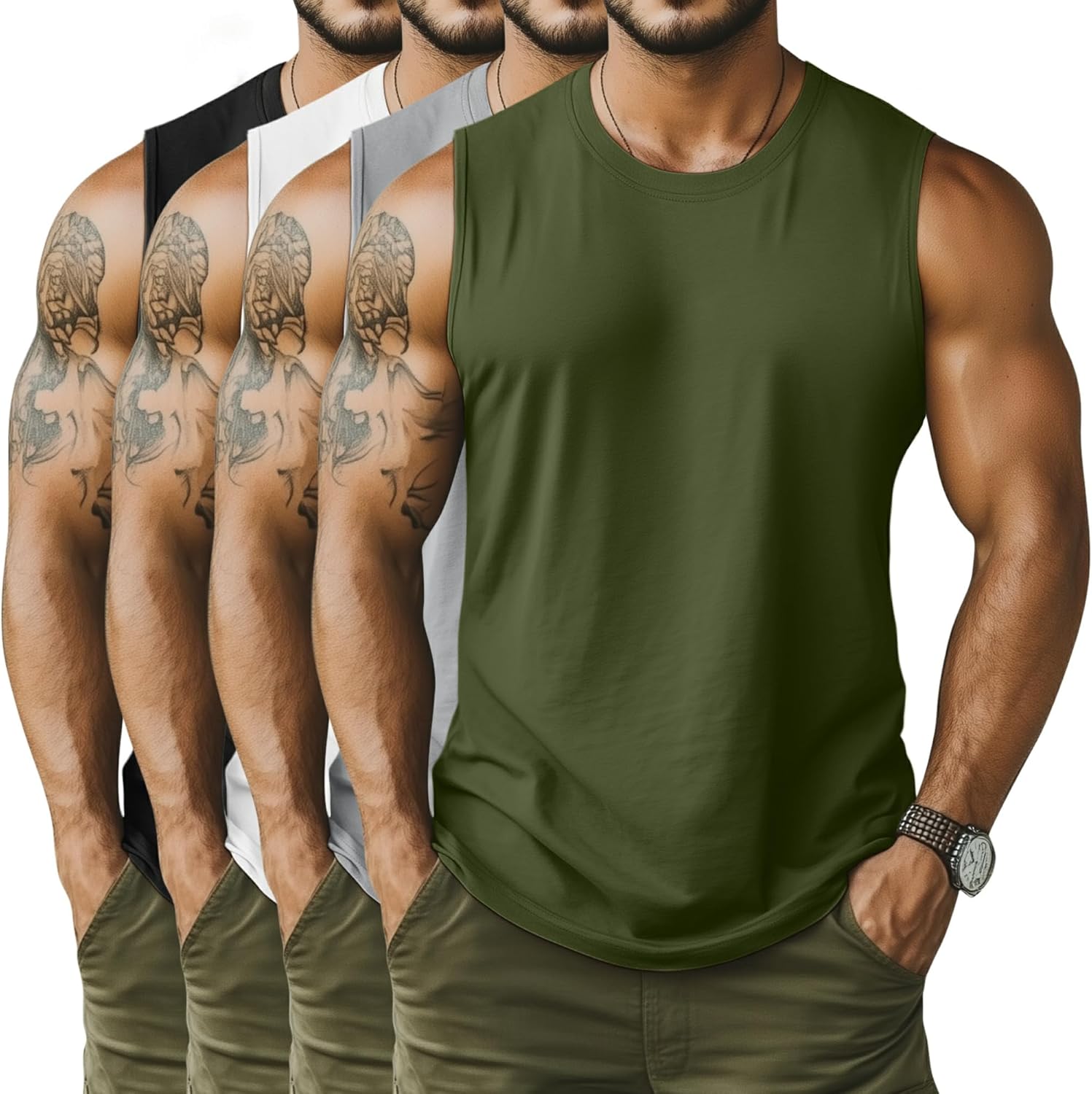 Neer 4 Pack Men's Big & Tall Tank Tops, Sleeveless Cotton Crew Neck T Shirts Casual Classic Shirts Muscle Quick Dry Tees