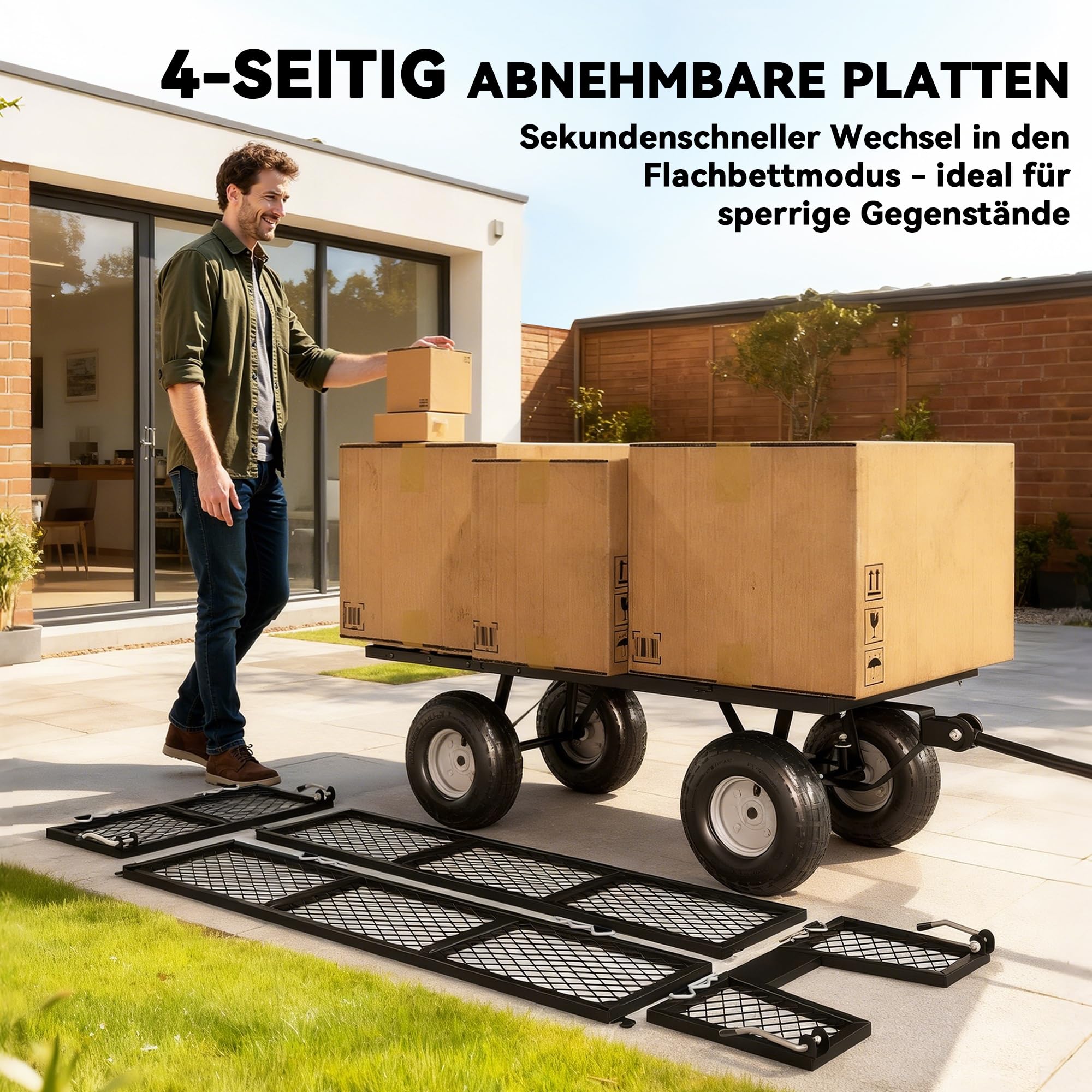 Outsunny Gartenwagen 300 kg Luftreifen Herausnehmbare Plane Schwarz | Transportwagen, Griff, Rädern, Lenkachse, Bollerwagen, Handwagen, Gartenkarre, 114 L, Gerätewagen, für Haus Garten