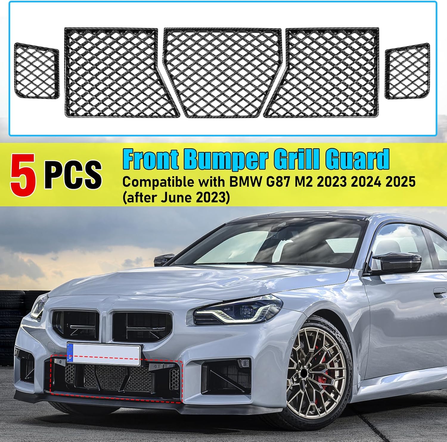 Jaronx Compatible with BMW M2 Front Bumper Lower Grille Mesh Guard 2023 2024 2025, 5 PCS Center Lower Bumper Mesh Grill Guards Replacement Compatible with BMW G87 M2 Accessories (Carbon Fiber Pattern)